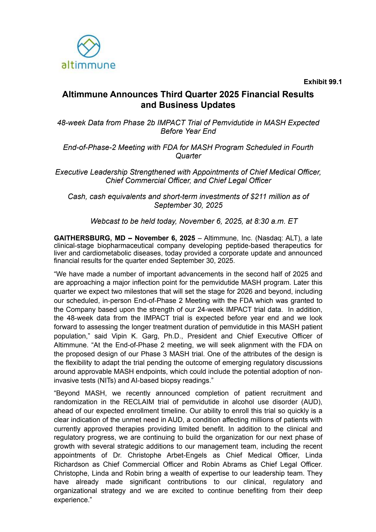 Altimmune's Q3 2025 Earnings Release
