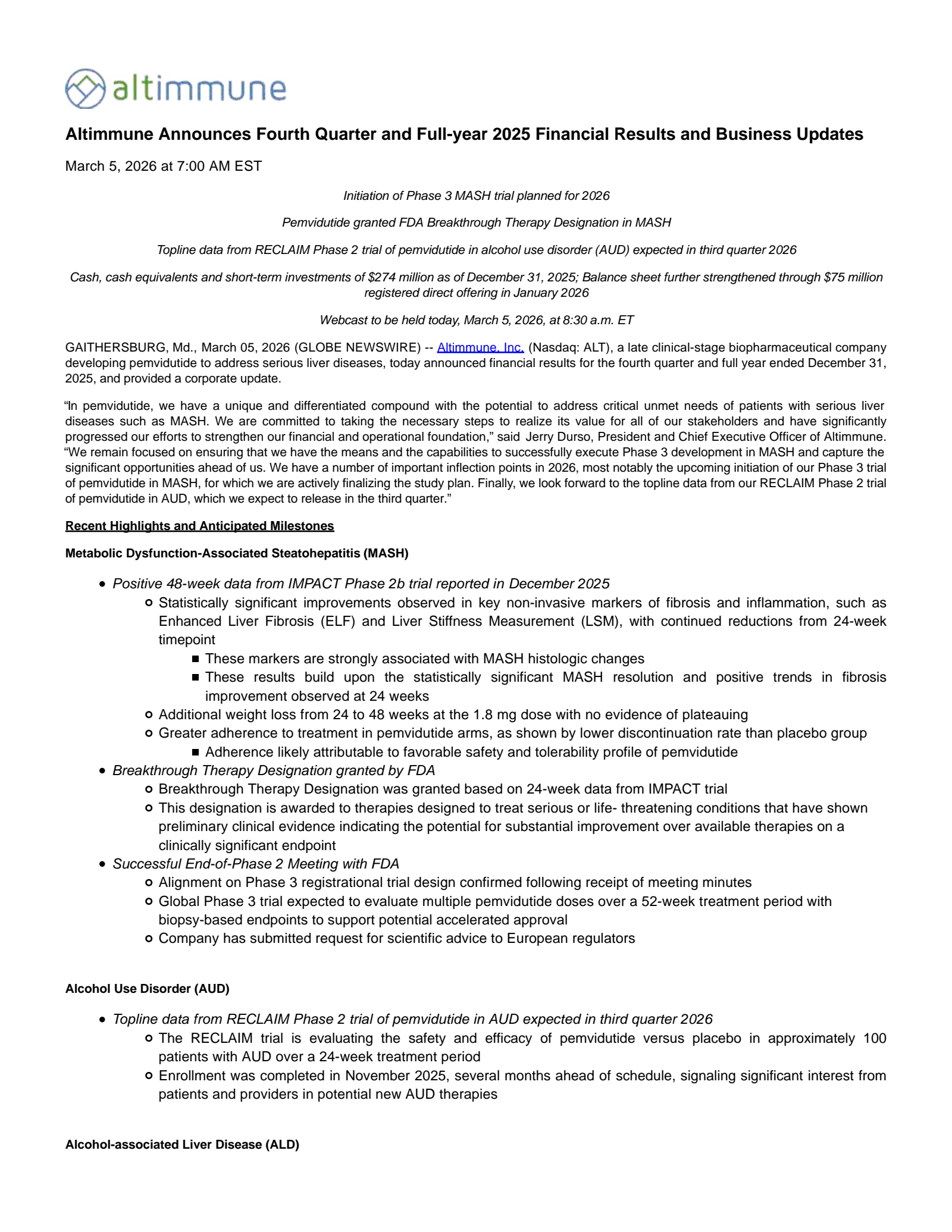 Altimmune's Q4 2025 Press Release