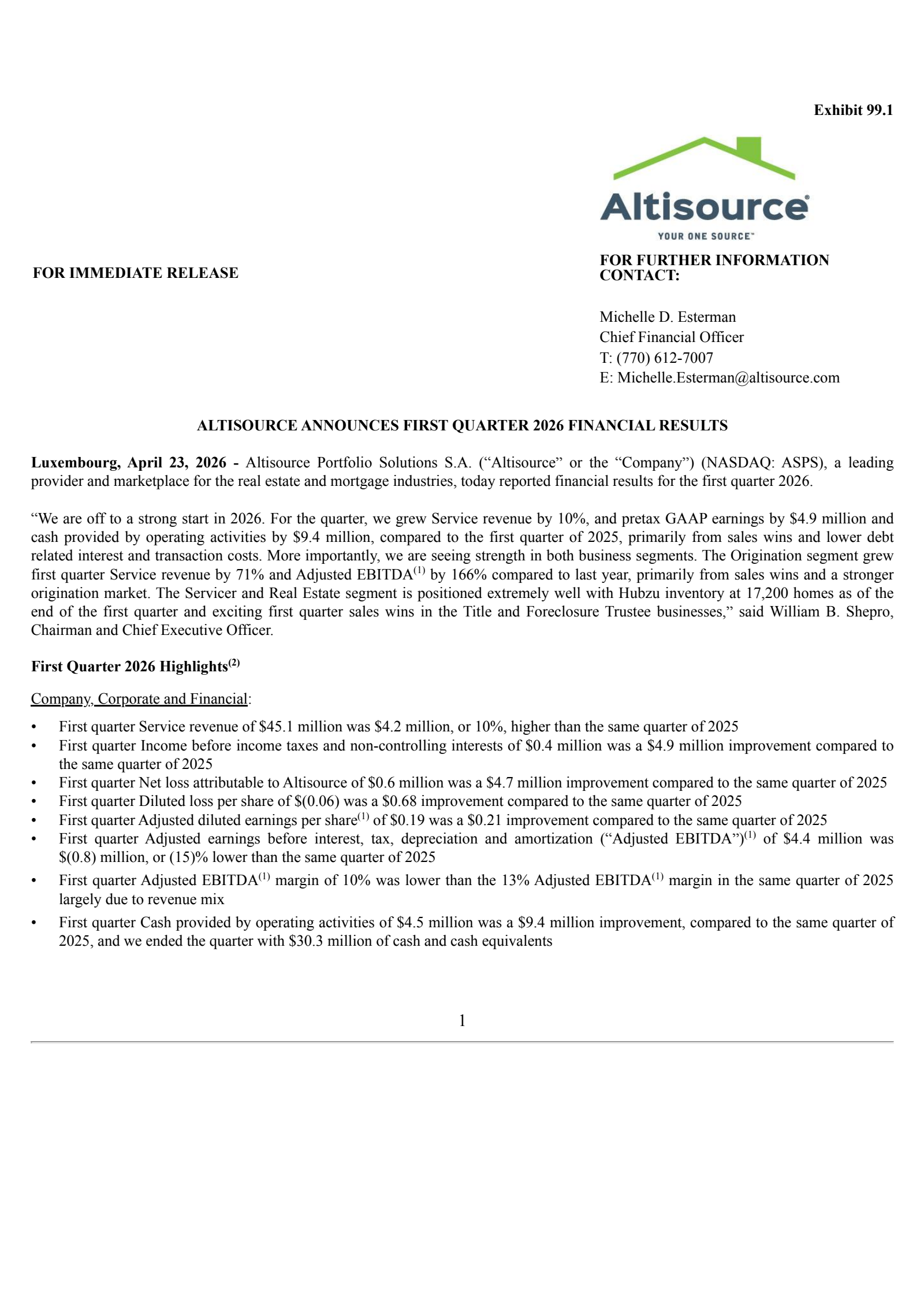 Altisource Portfolio Solutions' Q1 2026 Press Release