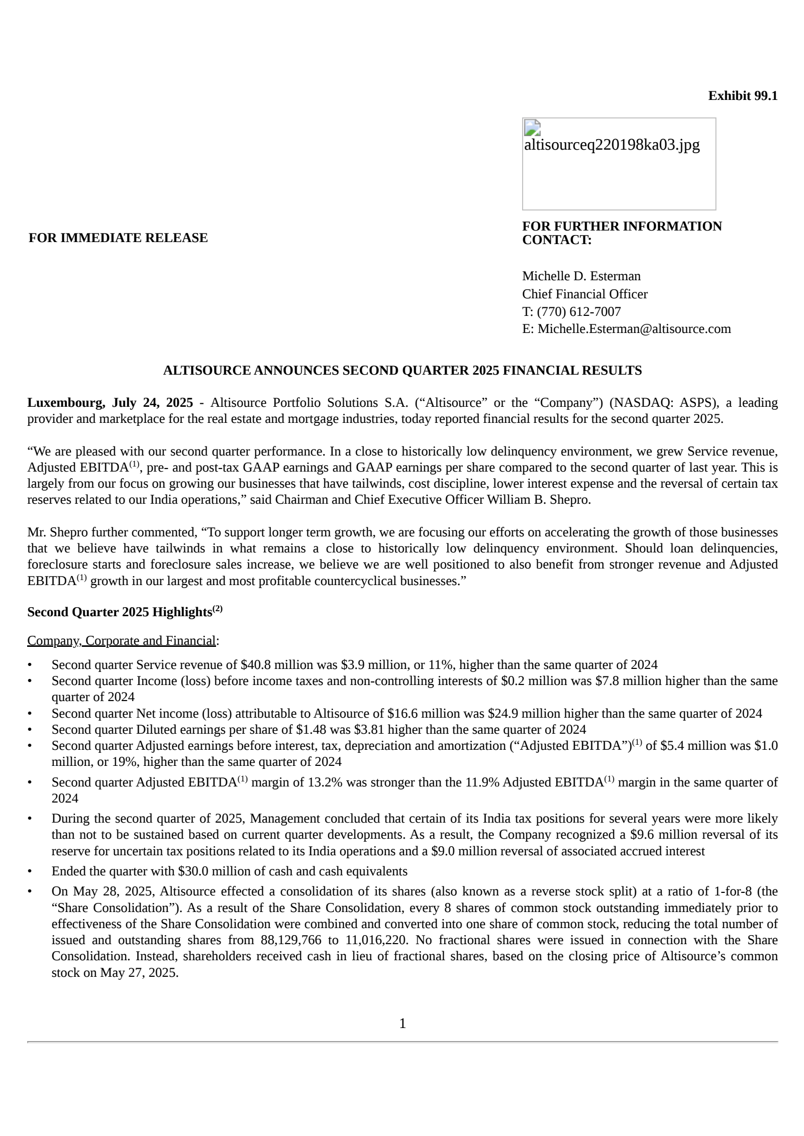 Altisource Portfolio Solutions' Q2 2025 Press Release