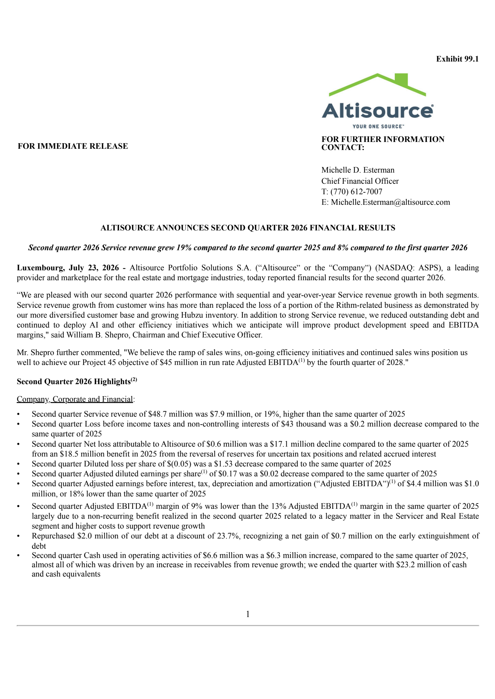 Altisource Portfolio Solutions' Q2 2026 Press Release