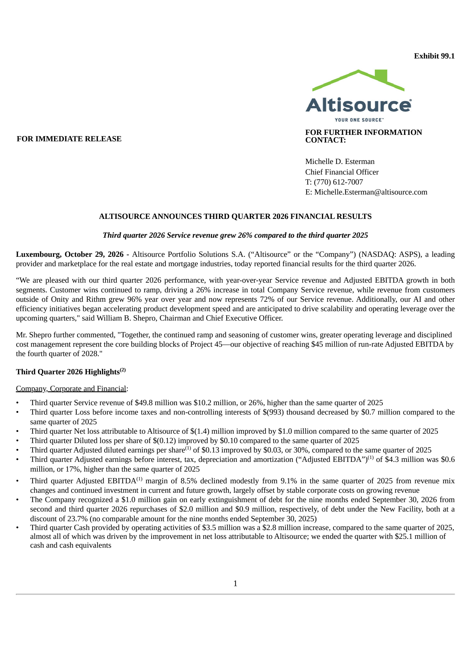 Altisource Portfolio Solutions' Q3 2026 Press Release