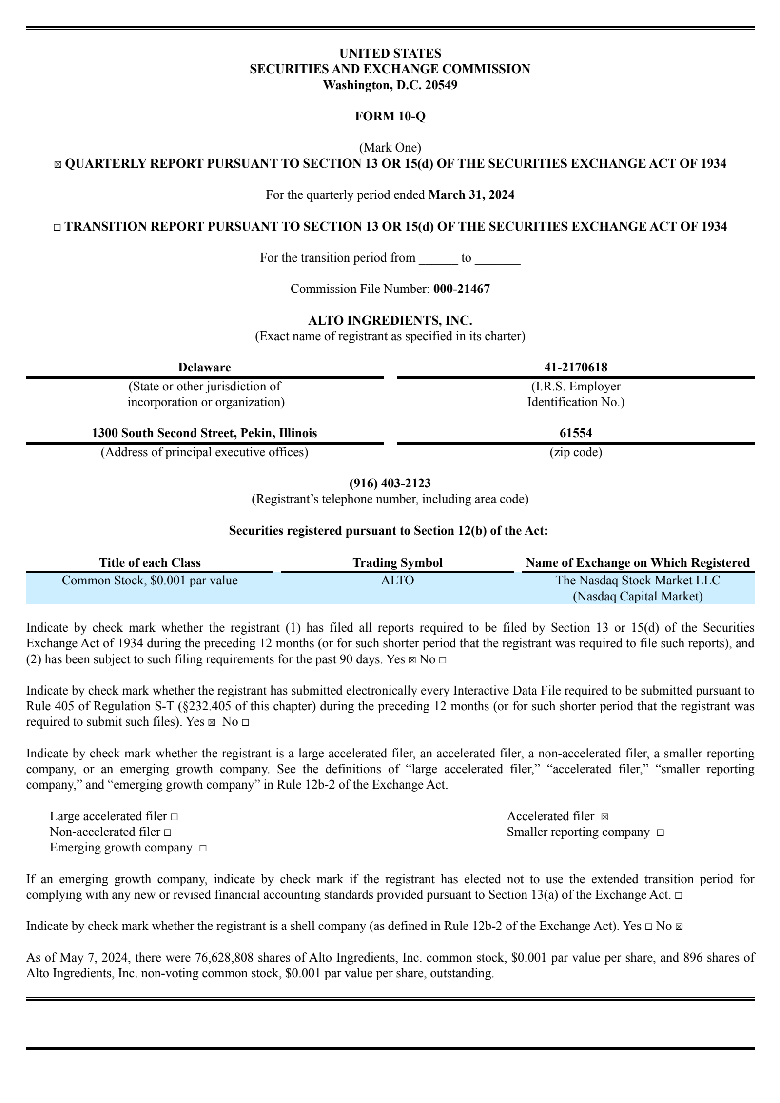 Alto Ingredients' Q1 2024 Quarterly report