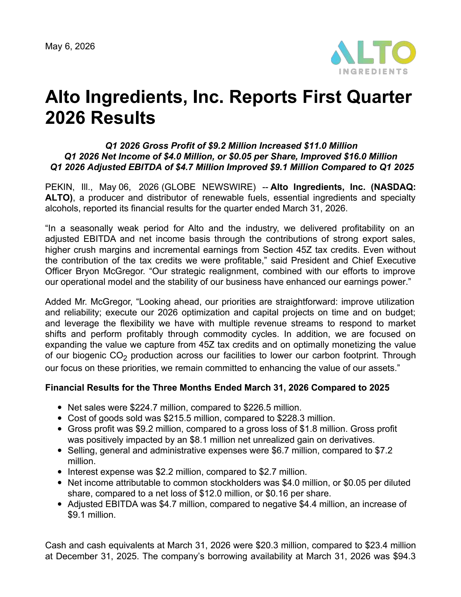 Alto Ingredients' Q1 2026 Press Release