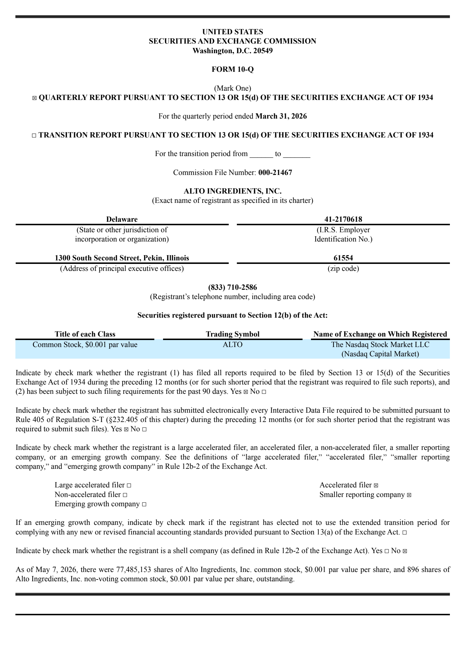 Alto Ingredients' Q1 2026 Quarterly report