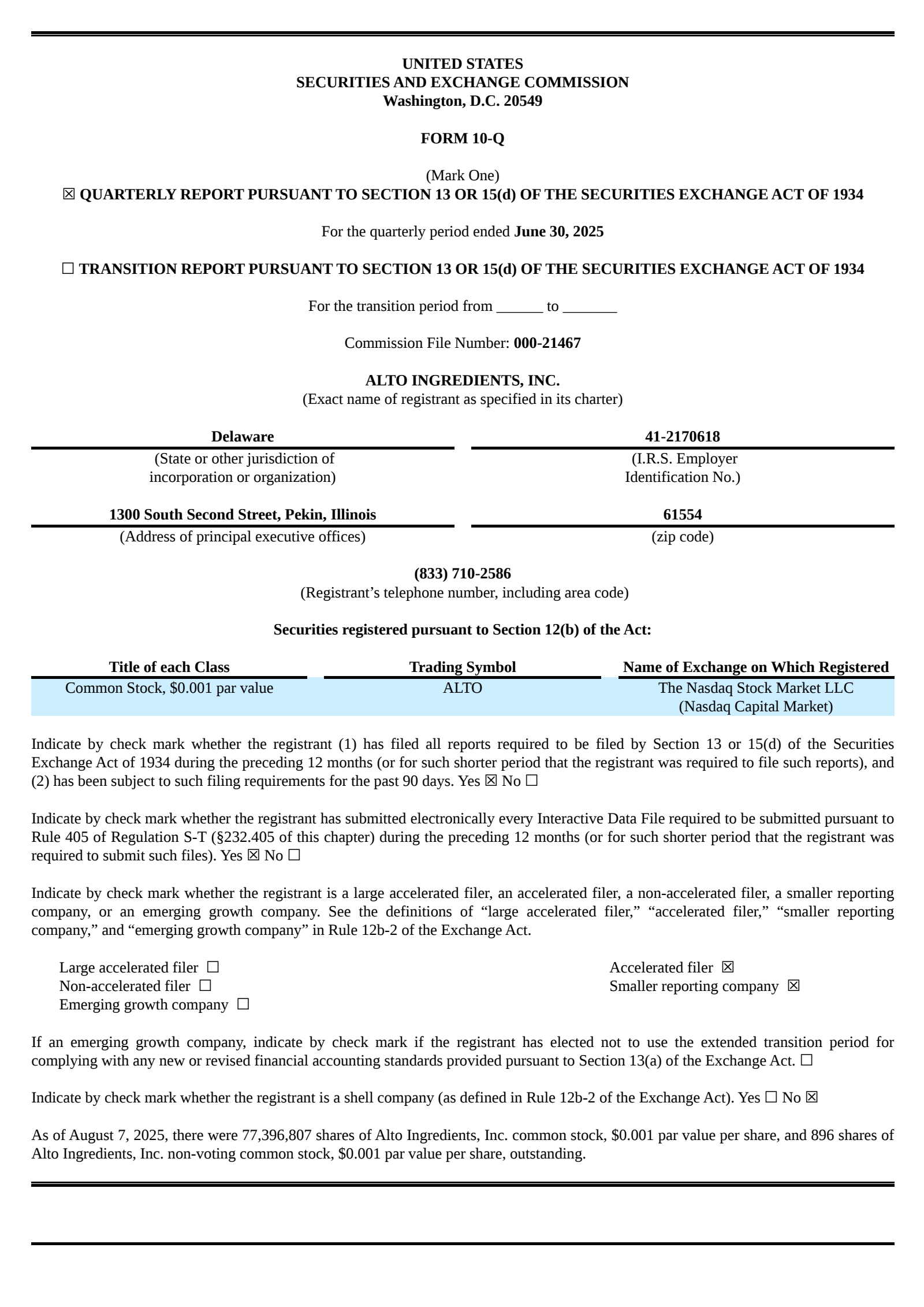 Alto Ingredients' Q2 2025 Quarterly report