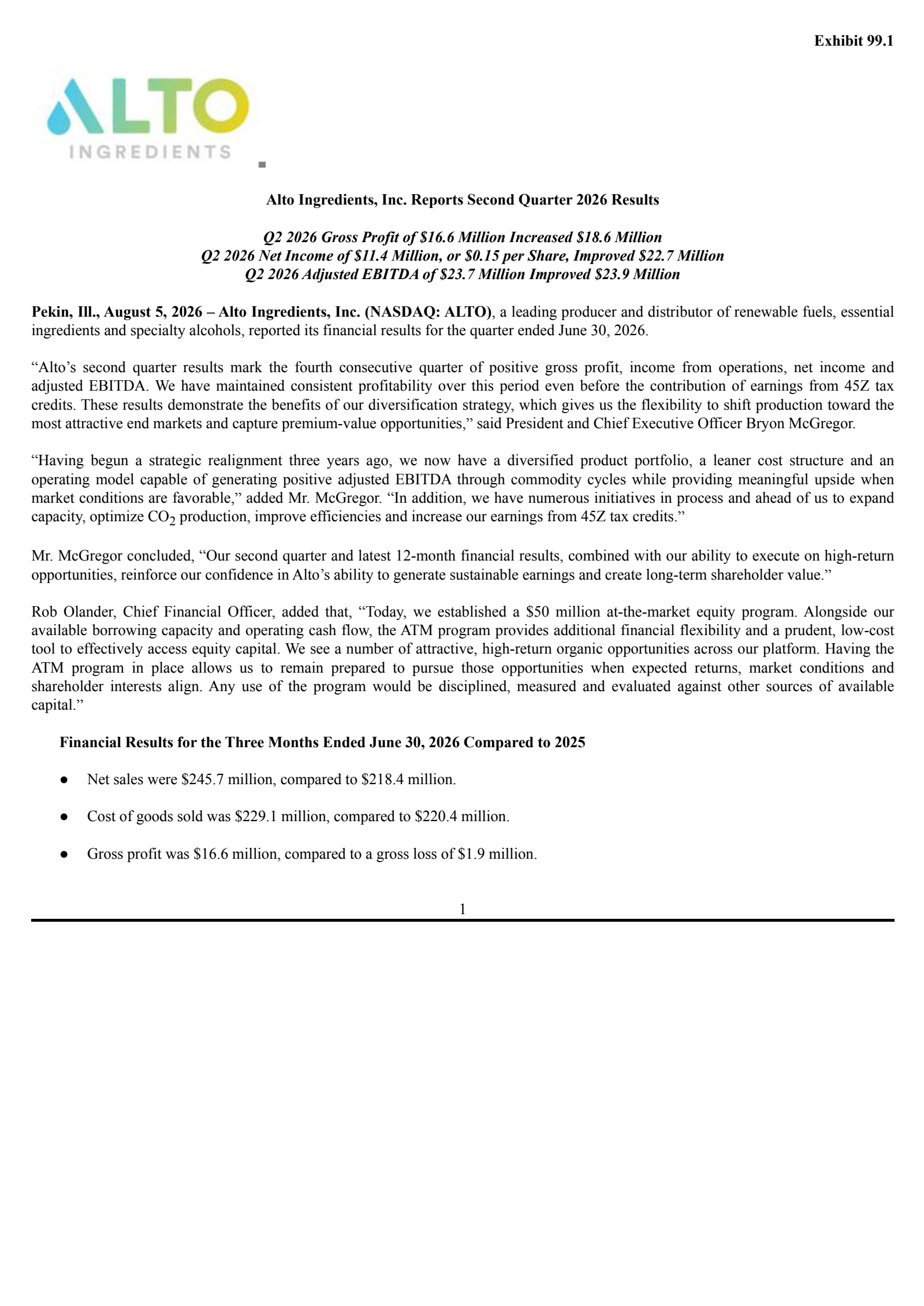 Alto Ingredients' Q2 2026 Press Release