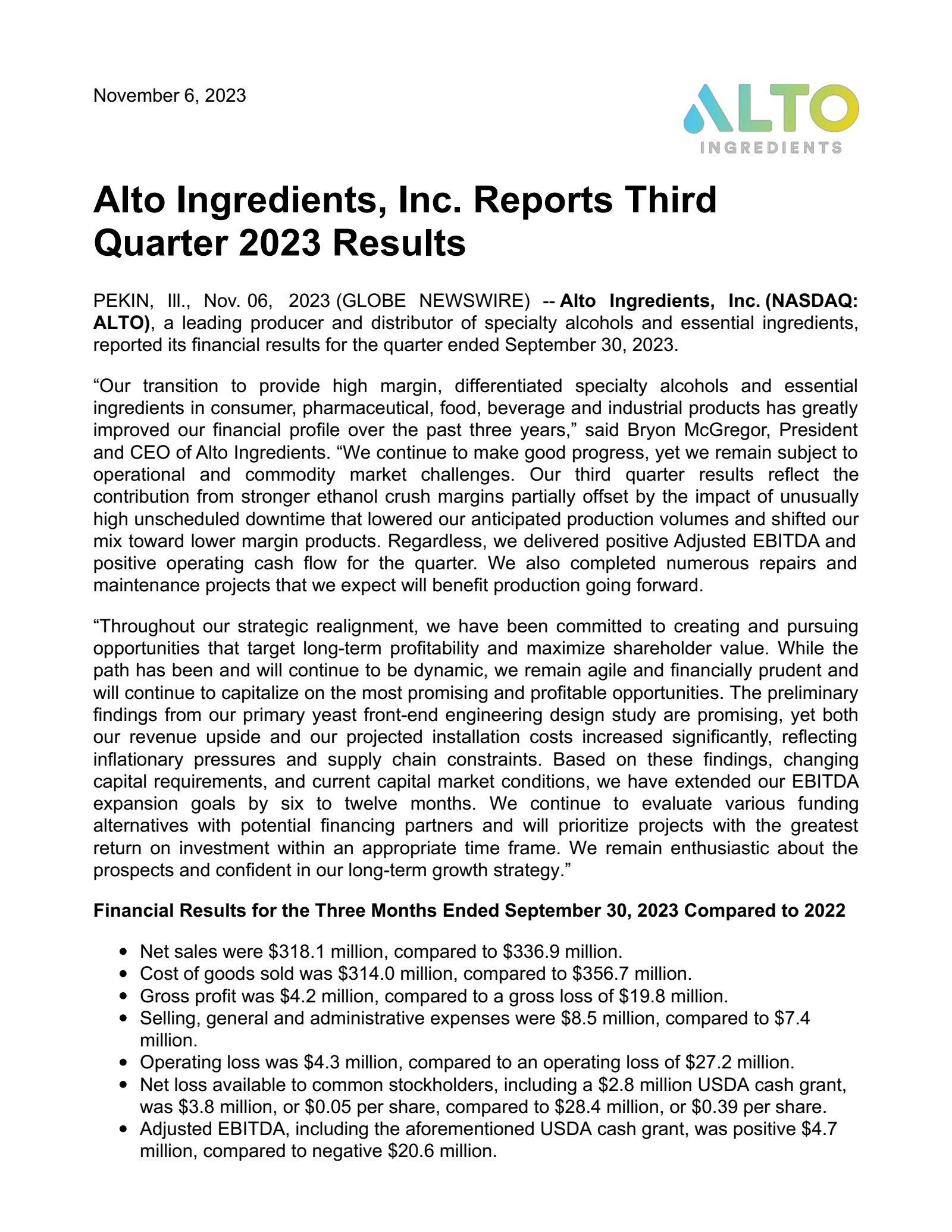 Alto Ingredients' Q3 2023 Press Release