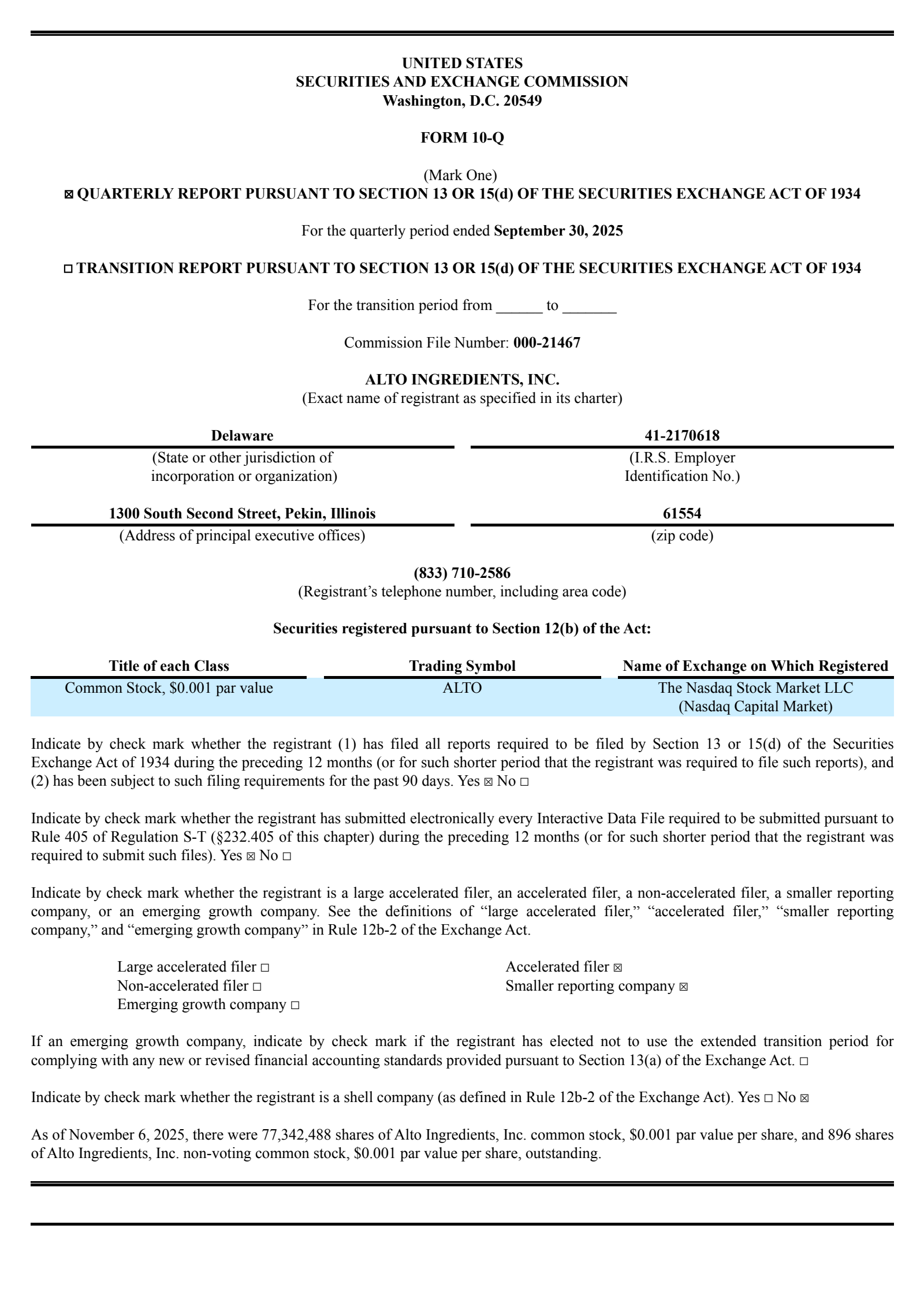 Alto Ingredients' Q3 2025 Quarterly Report