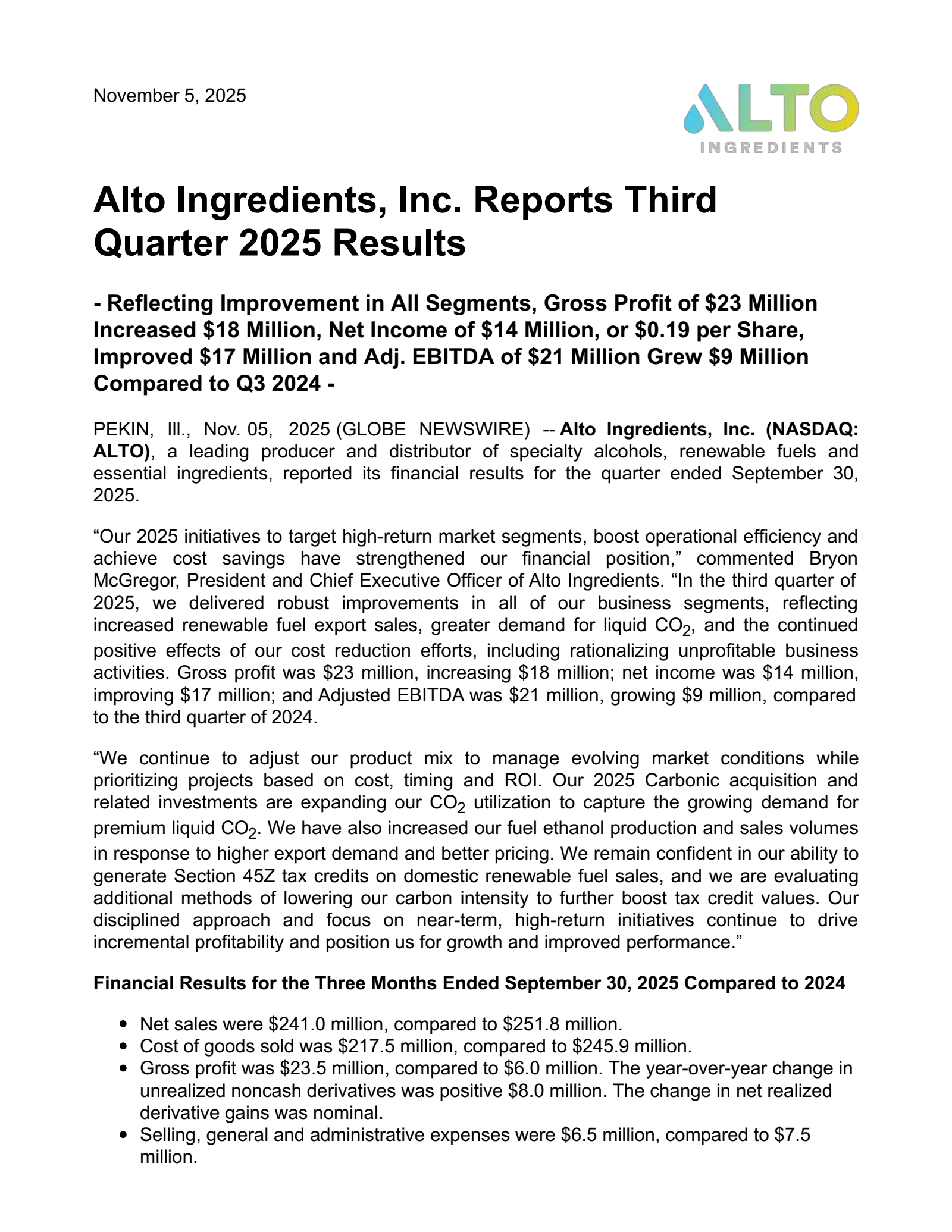 Alto Ingredients' Q3 2025 Earnings Release