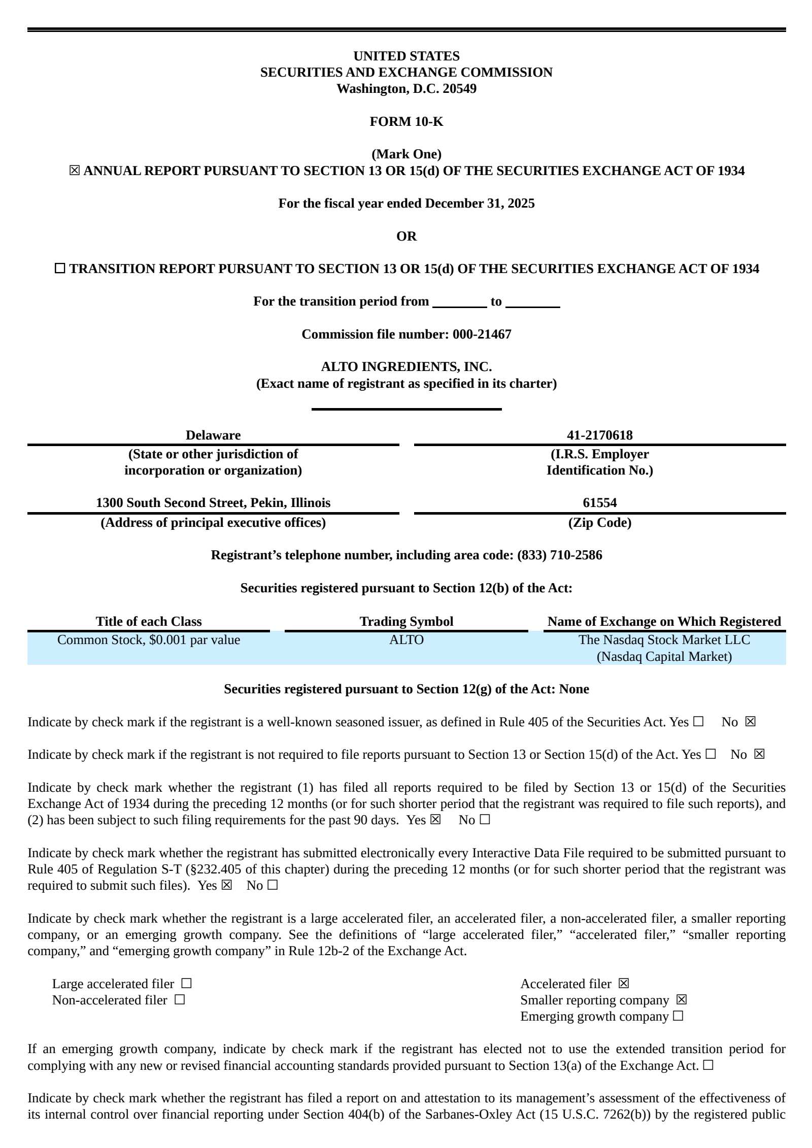 Alto Ingredients' Q4 2025 Annual report