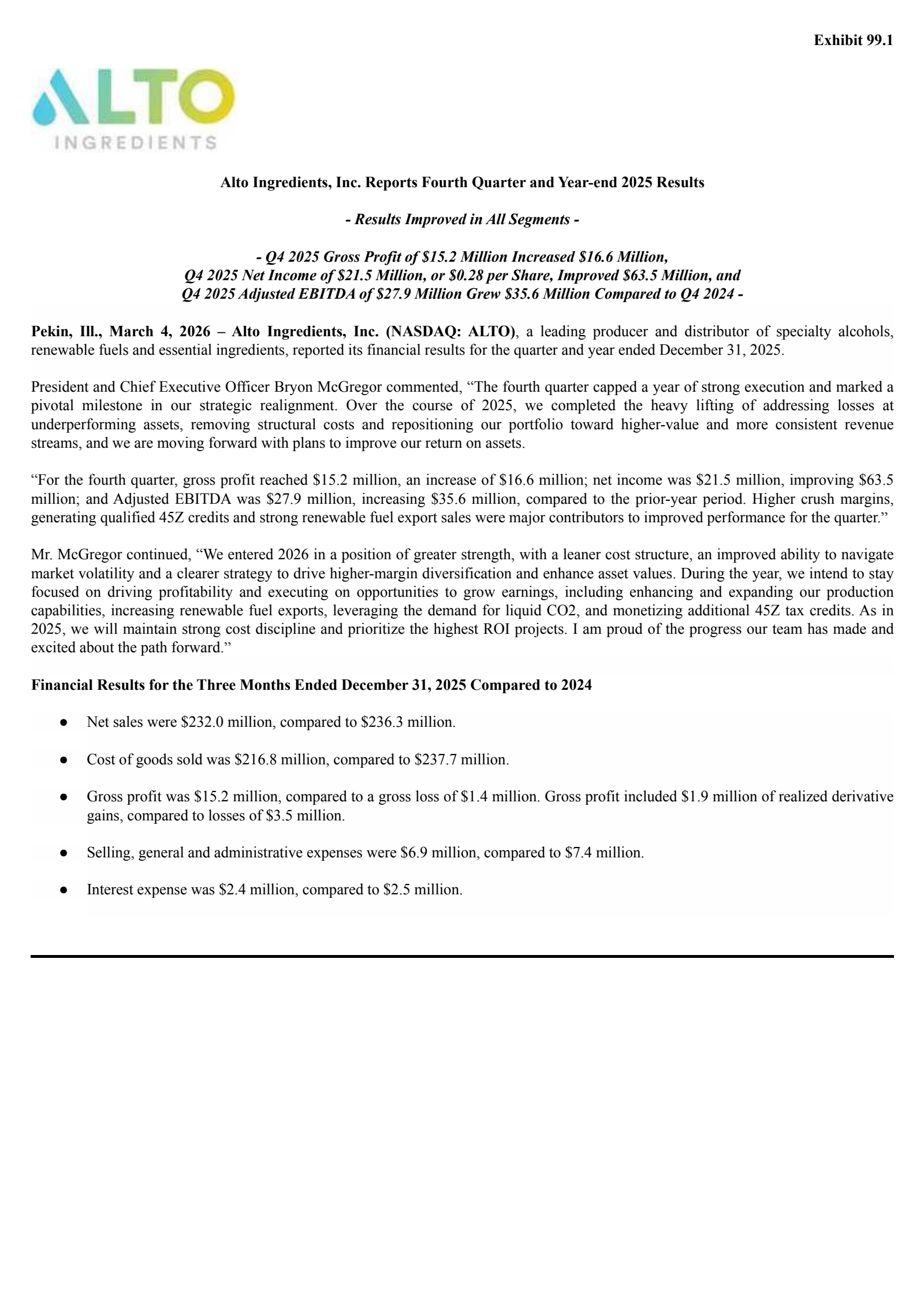 Alto Ingredients' Q4 2025 Press Release