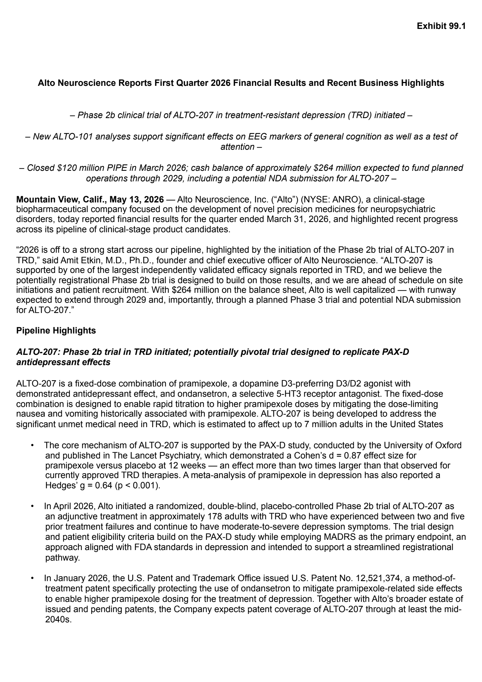 Alto Neuroscience's Q1 2026 Press Release