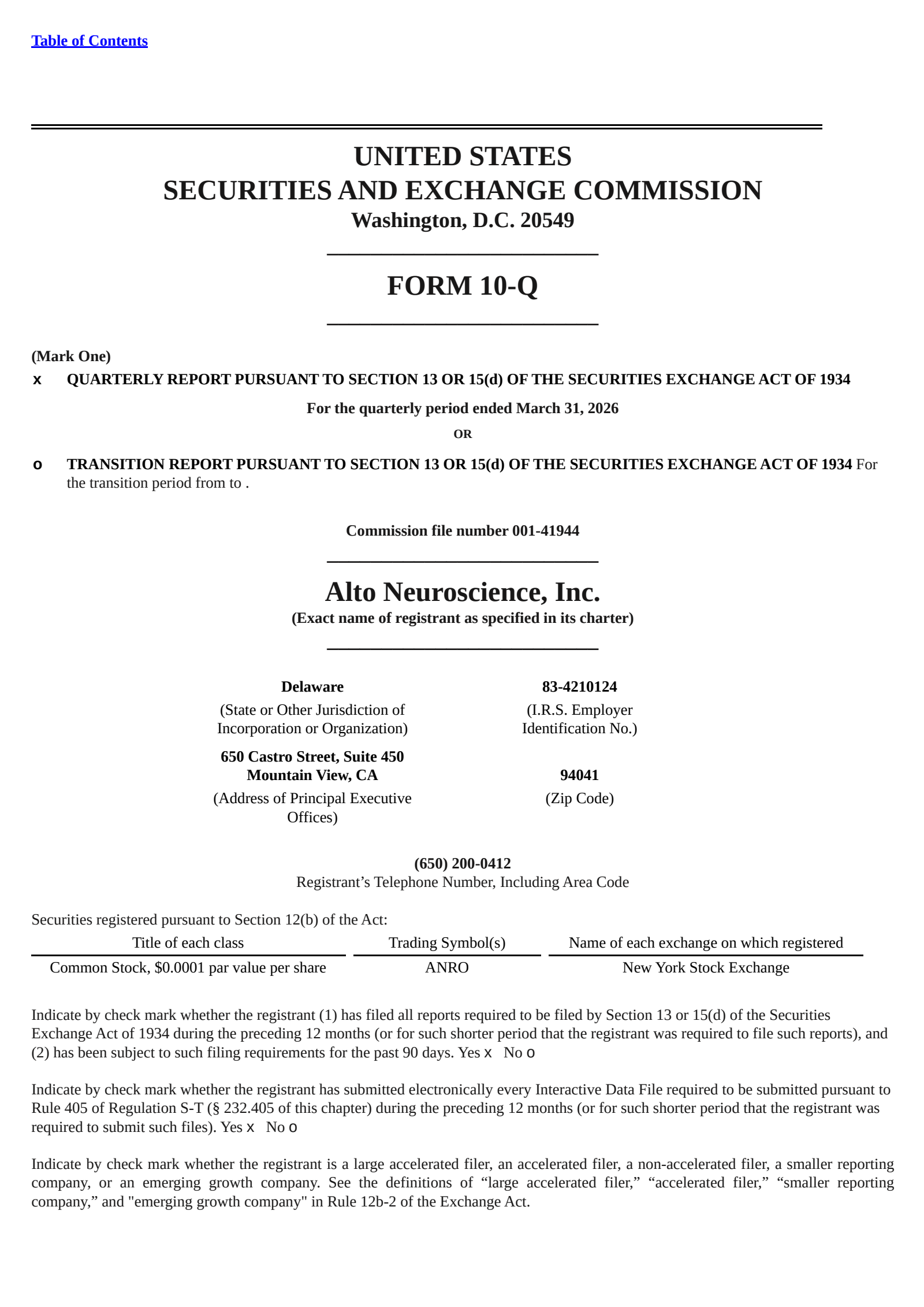 Alto Neuroscience's Q1 2026 Quarterly report