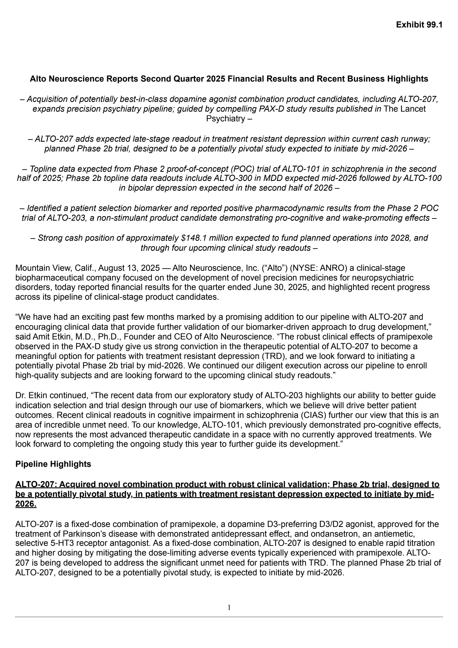 Alto Neuroscience's Q2 2025 Press Release