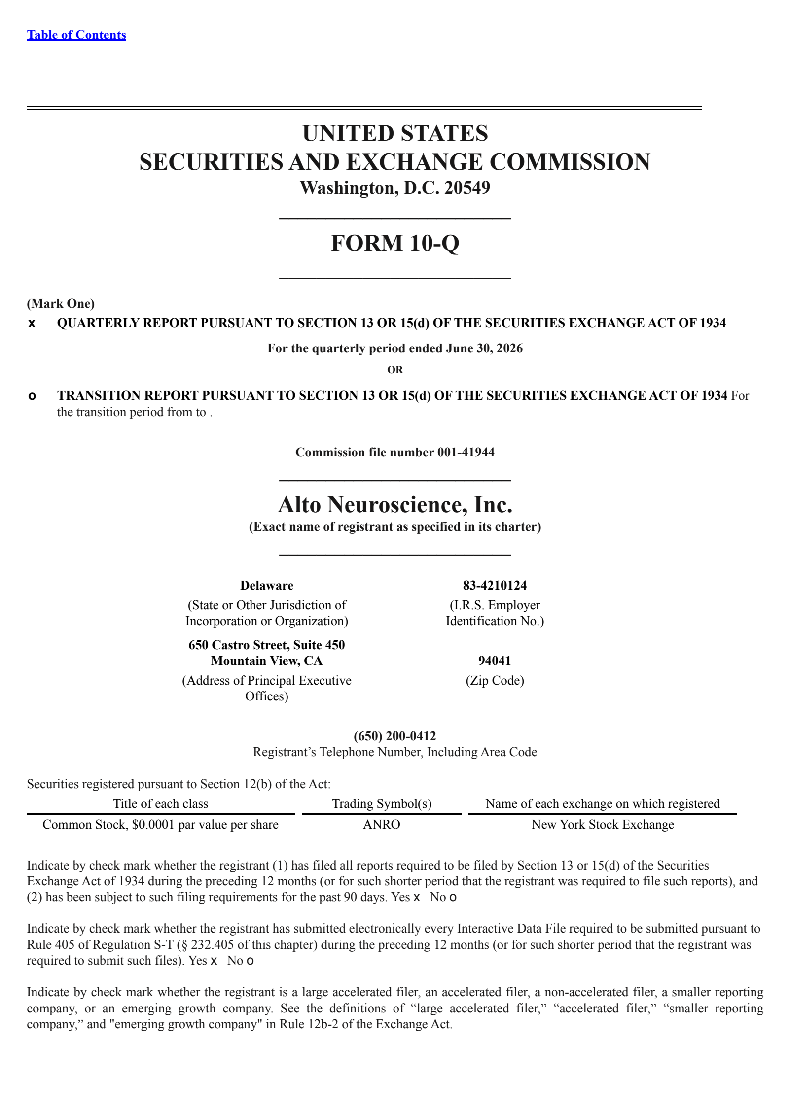 Alto Neuroscience's Q2 2026 Quarterly report