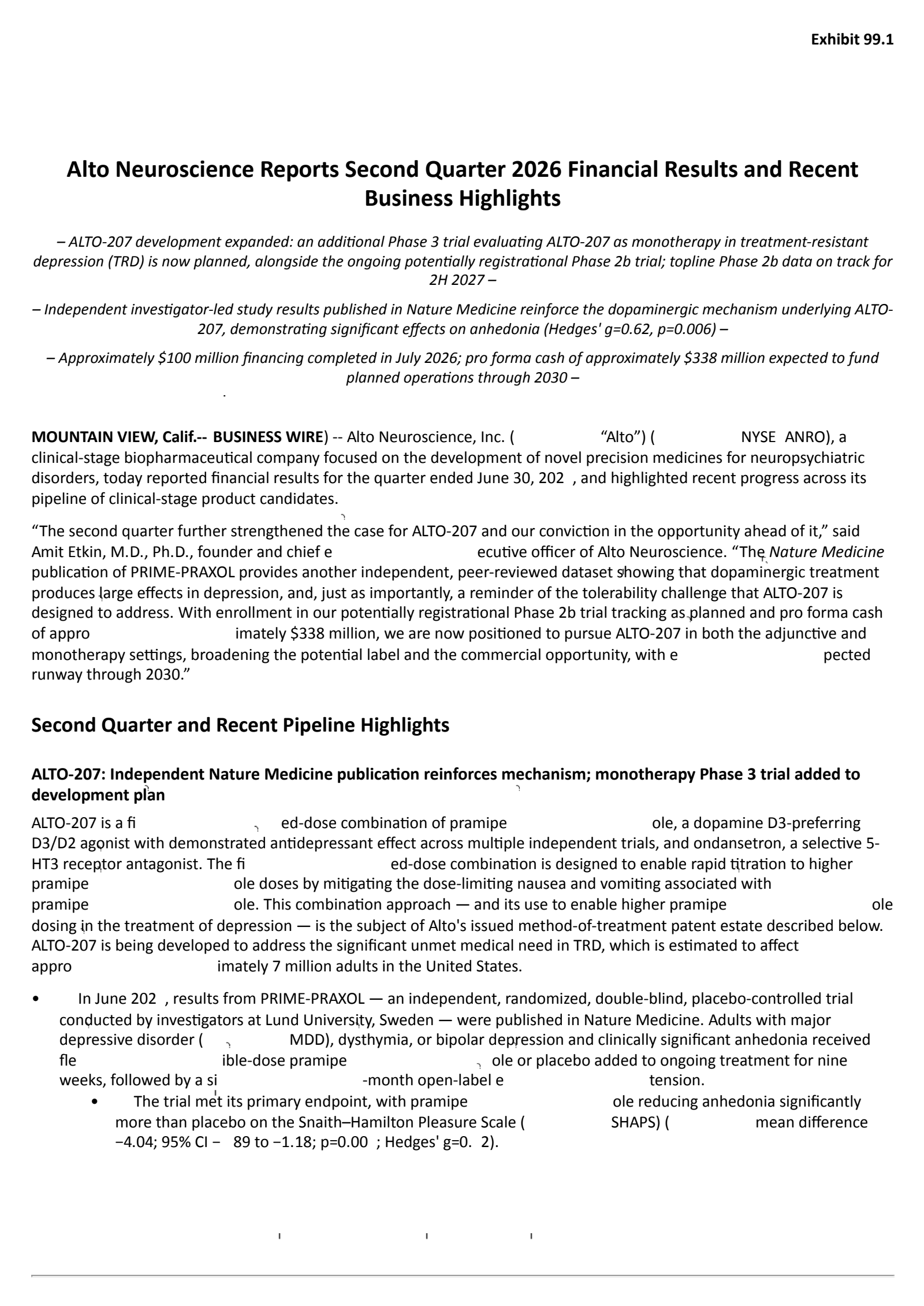 Alto Neuroscience's Q2 2026 Press Release