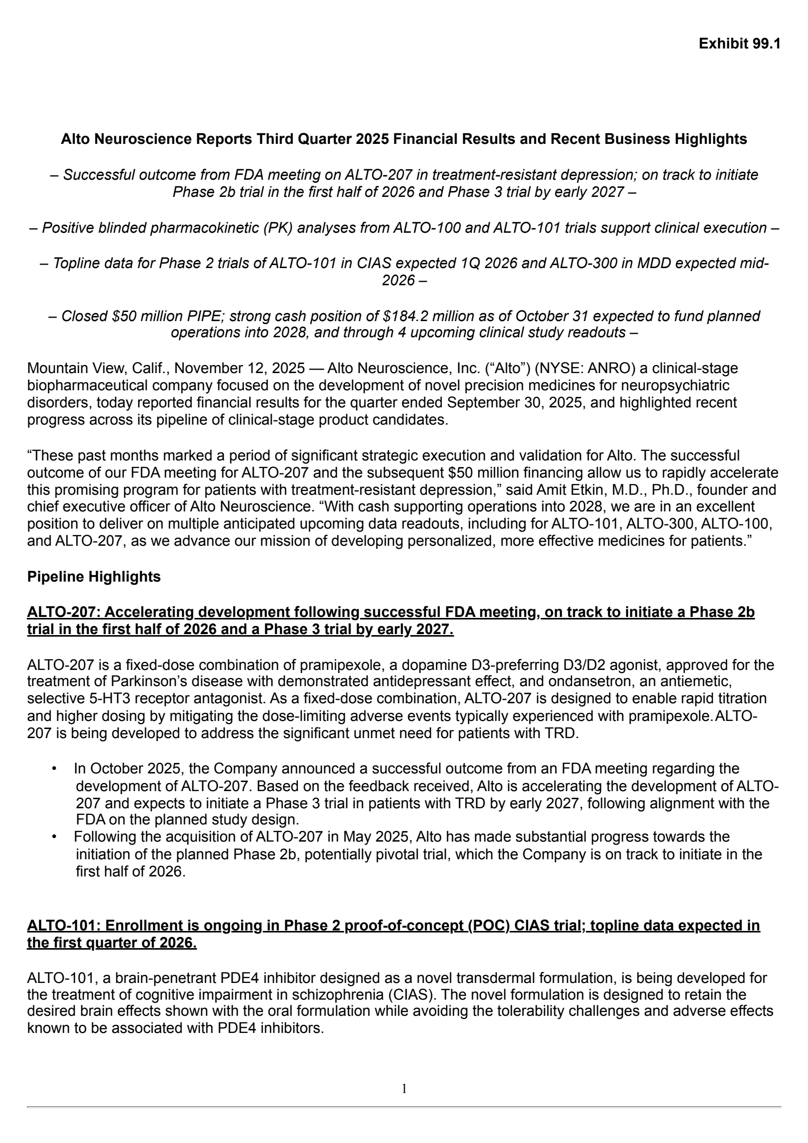 Alto Neuroscience's Q3 2025 Earnings Release