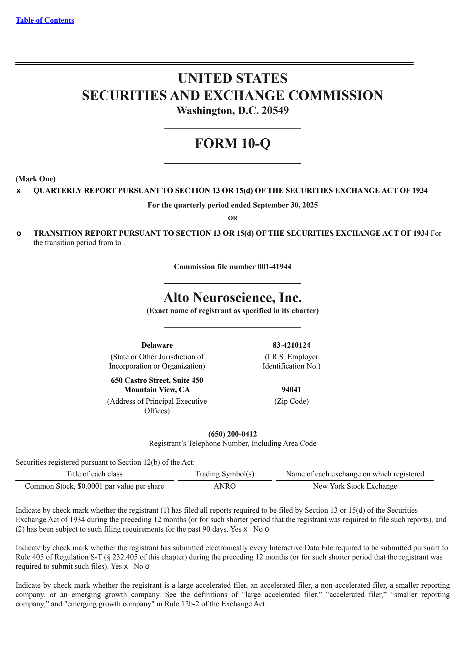 Alto Neuroscience's Q3 2025 Quarterly Report