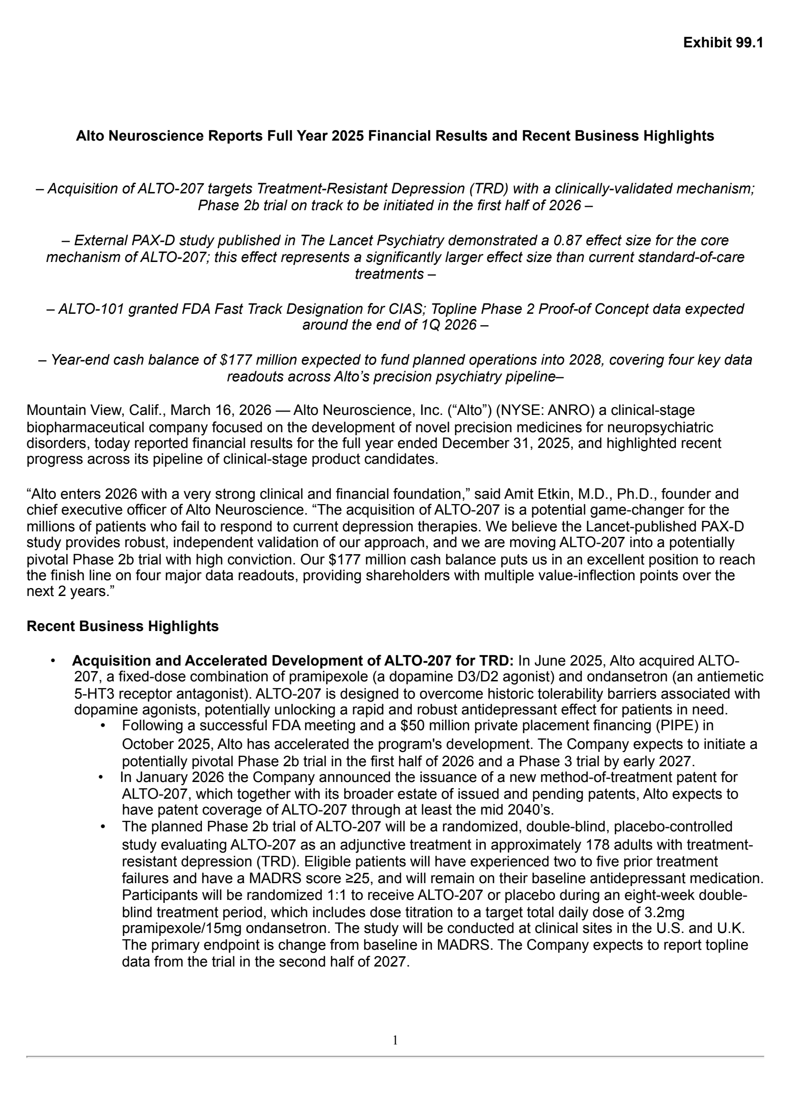 Alto Neuroscience's Q4 2025 Press Release