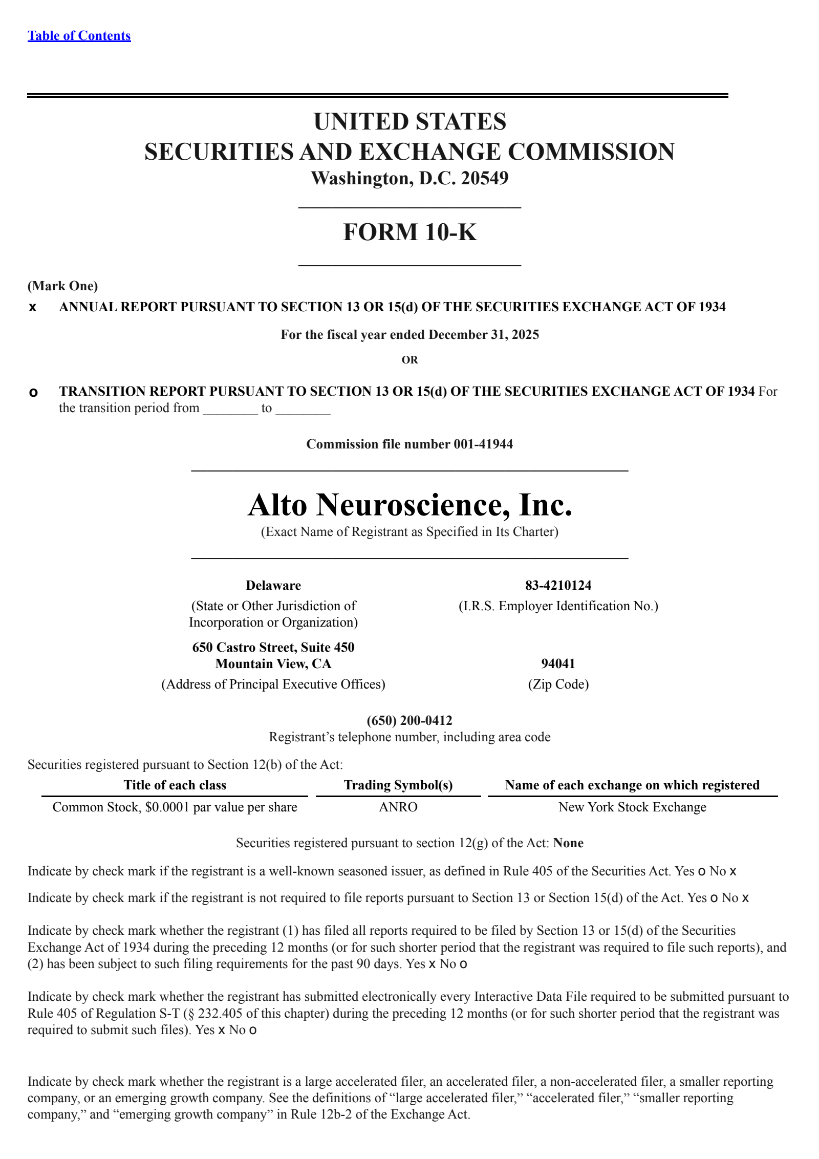Alto Neuroscience's Q4 2025 Annual report