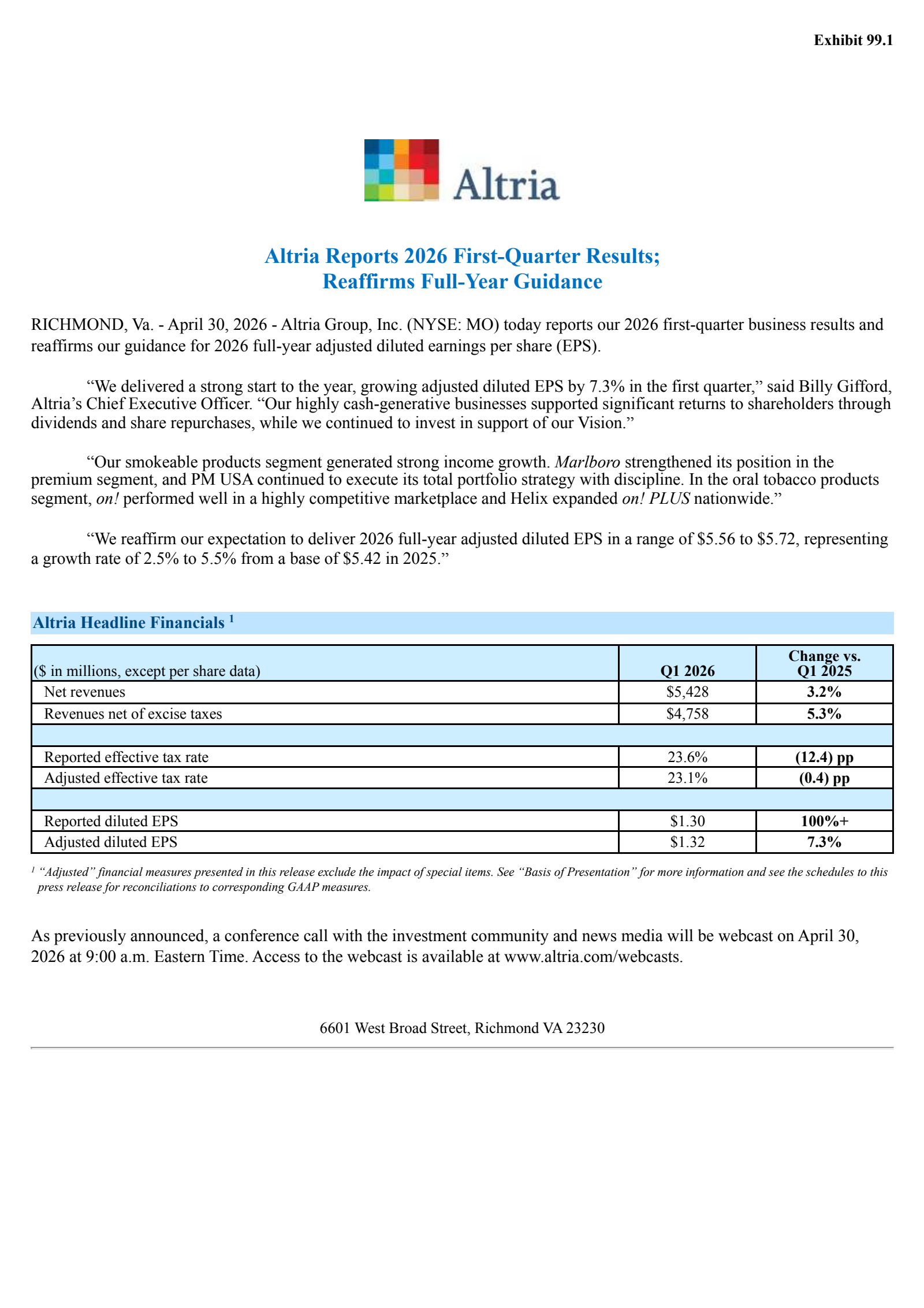 Altria Group's Q1 2026 Press Release