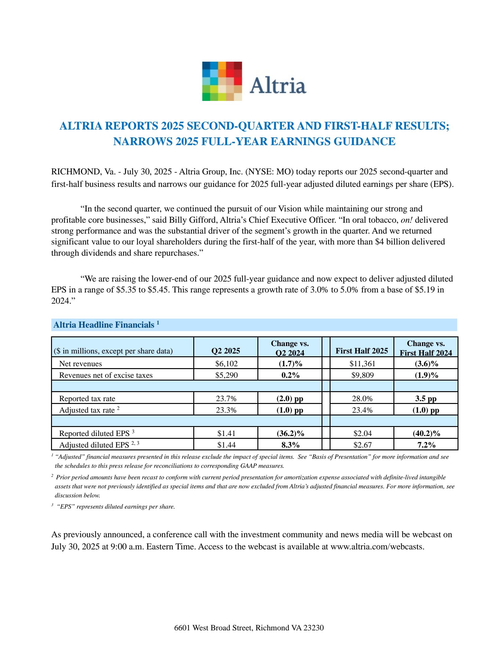 Altria Group's Q2 2025 Press Release