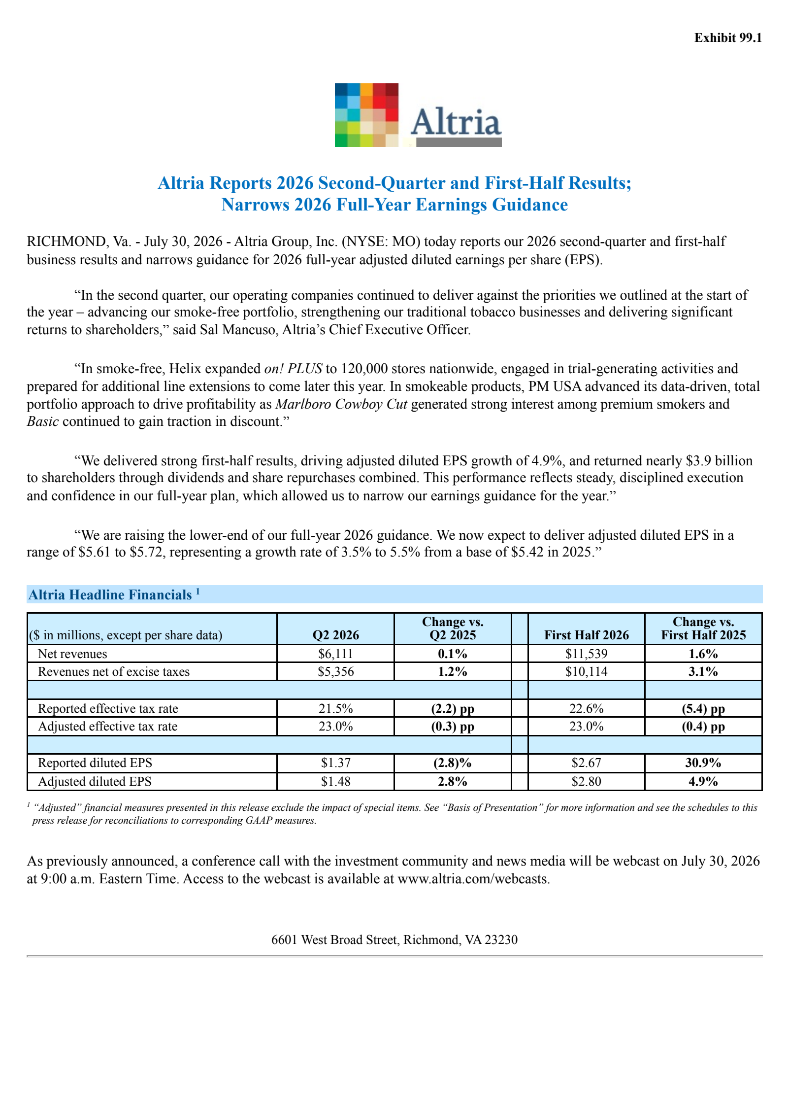 Altria Group's Q2 2026 Press Release
