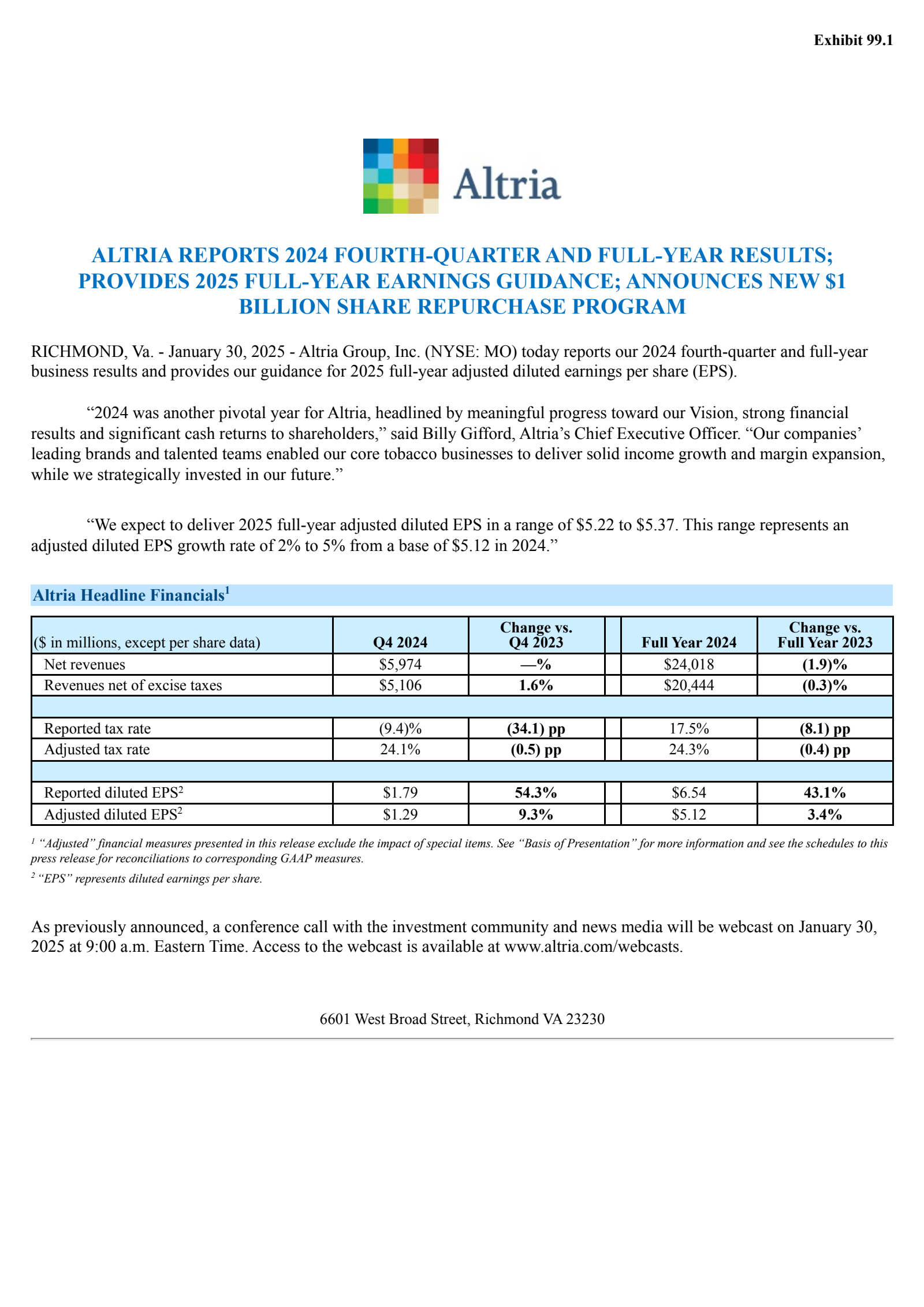 Altria Group's Q4 2024 Press Release