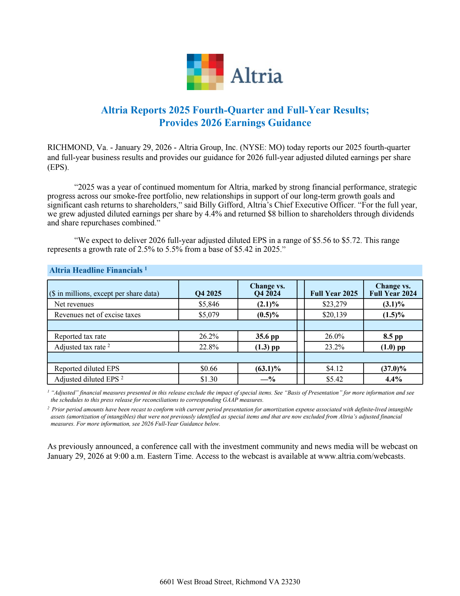 Altria Group's Q4 2025 Press Release