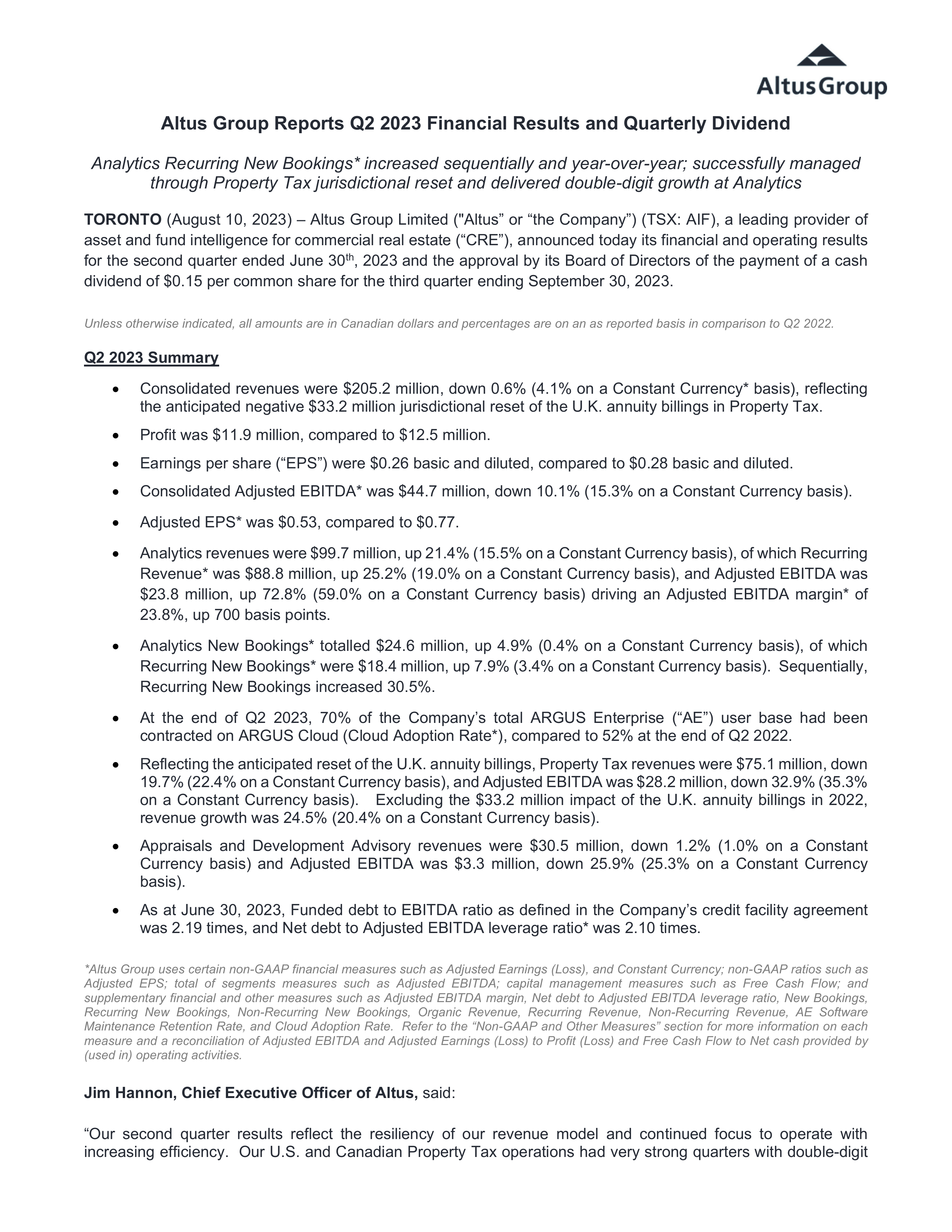 Altus Group's Q2 2023 Interim report