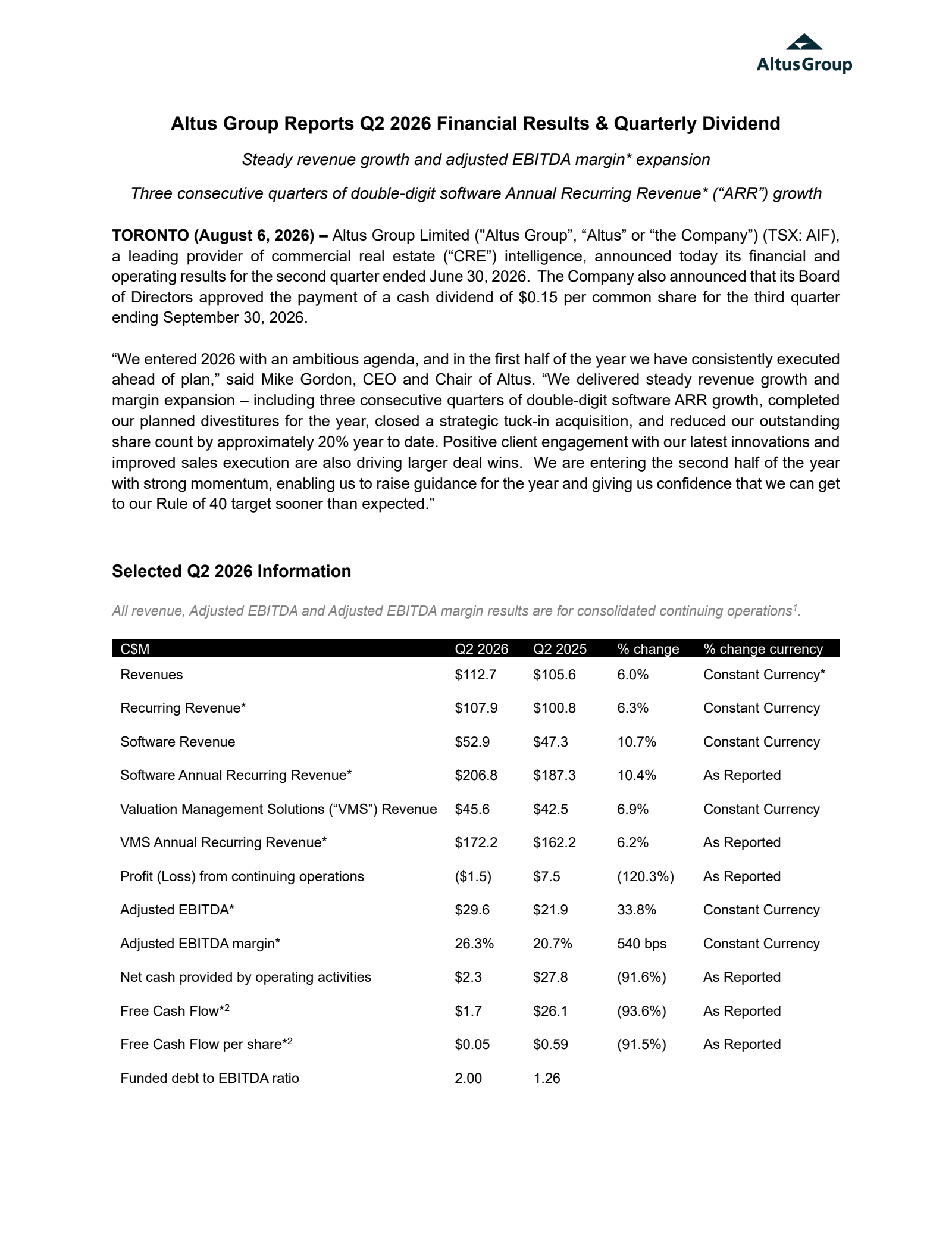 Altus Group's Q2 2026 Press Release