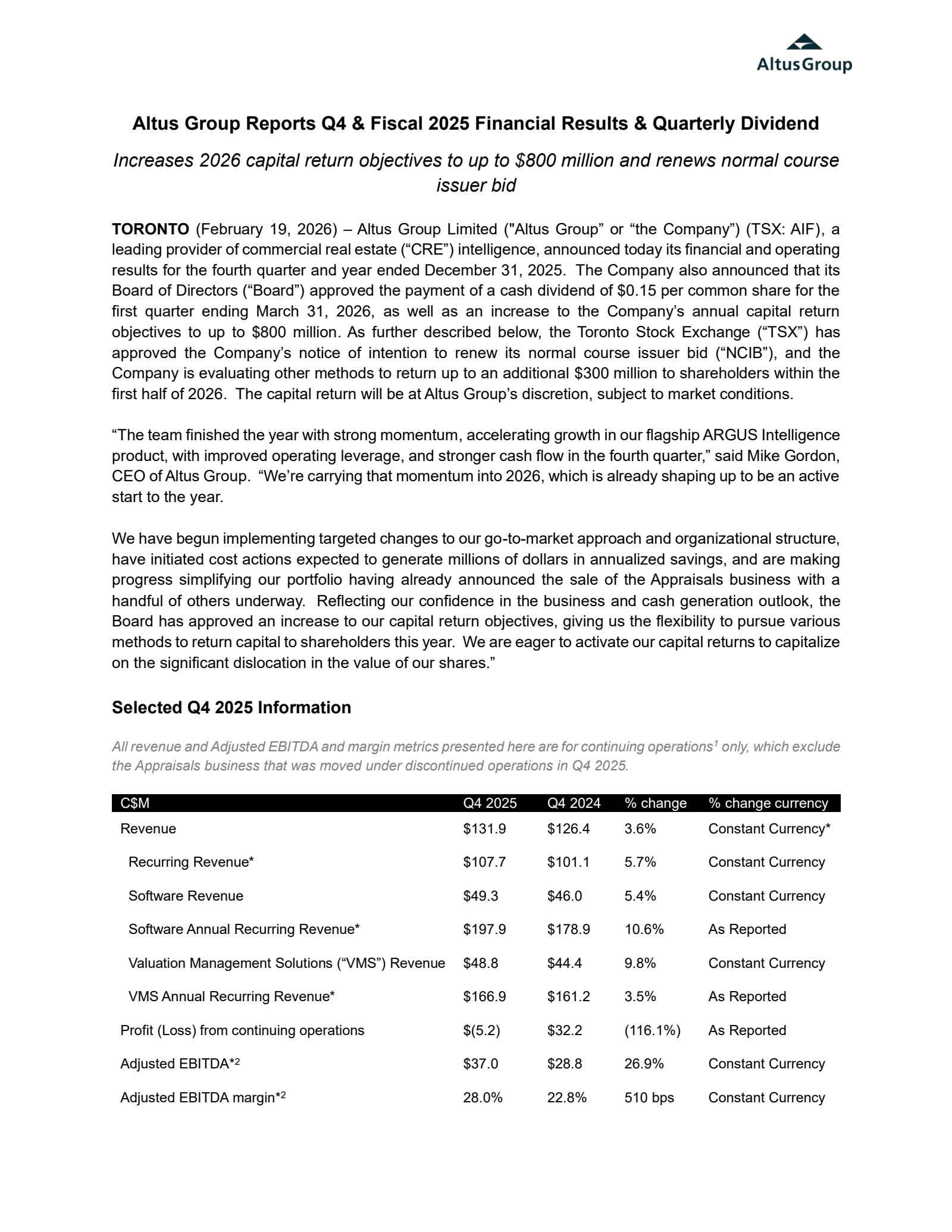 Altus Group's Q4 2025 Press Release