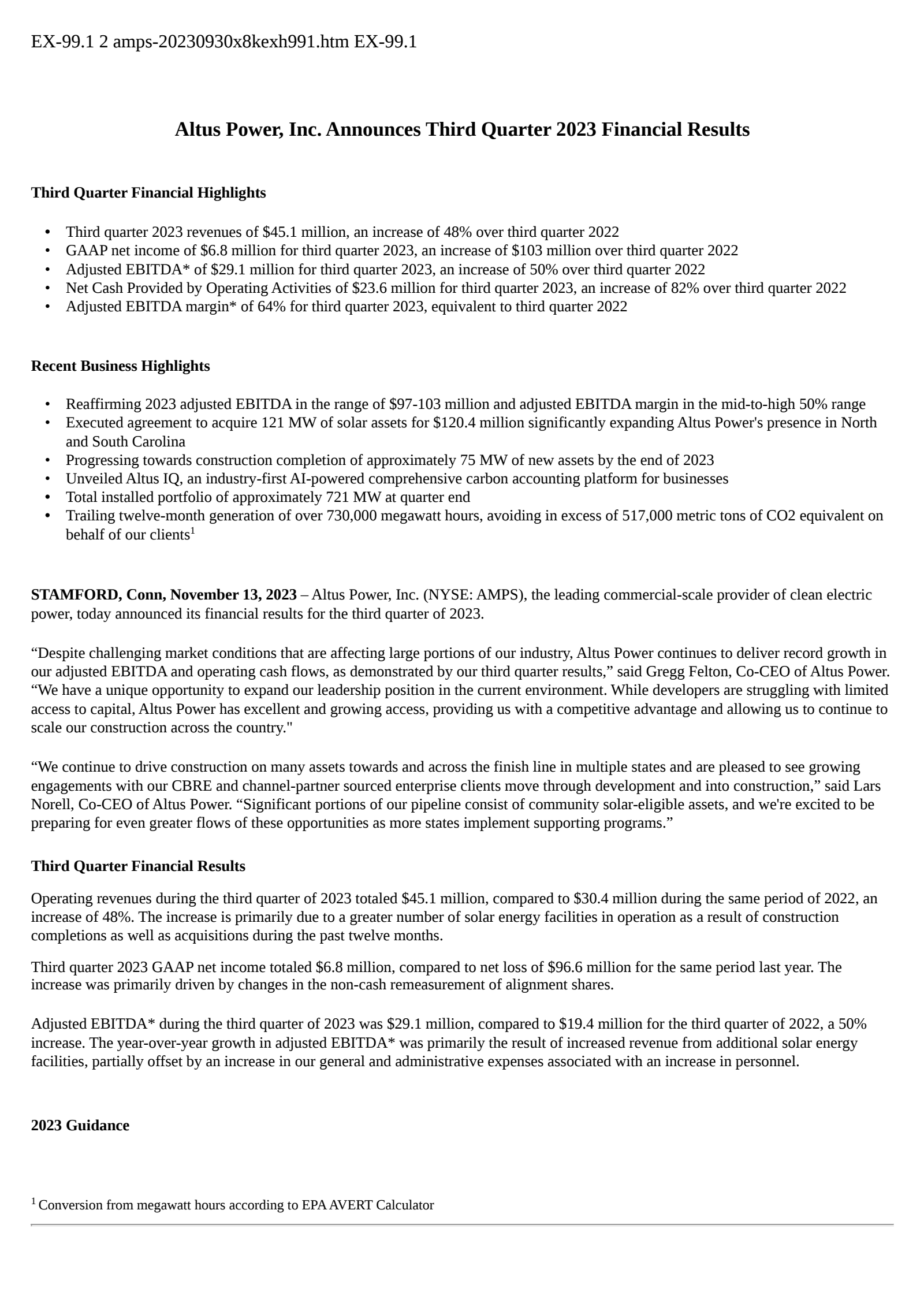 Altus Power's Q3 2023 Press Release