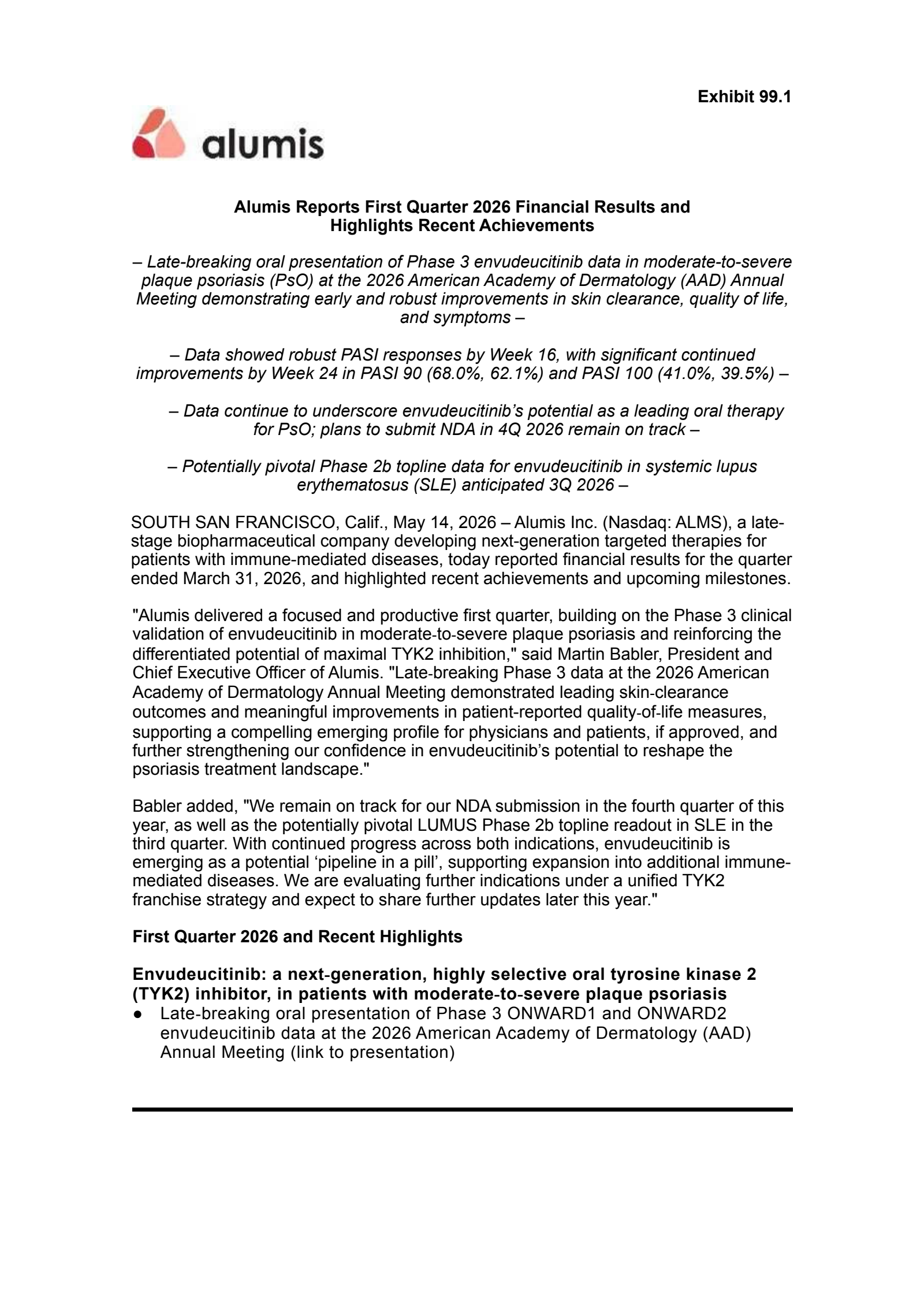 Alumis' Q1 2026 Press Release