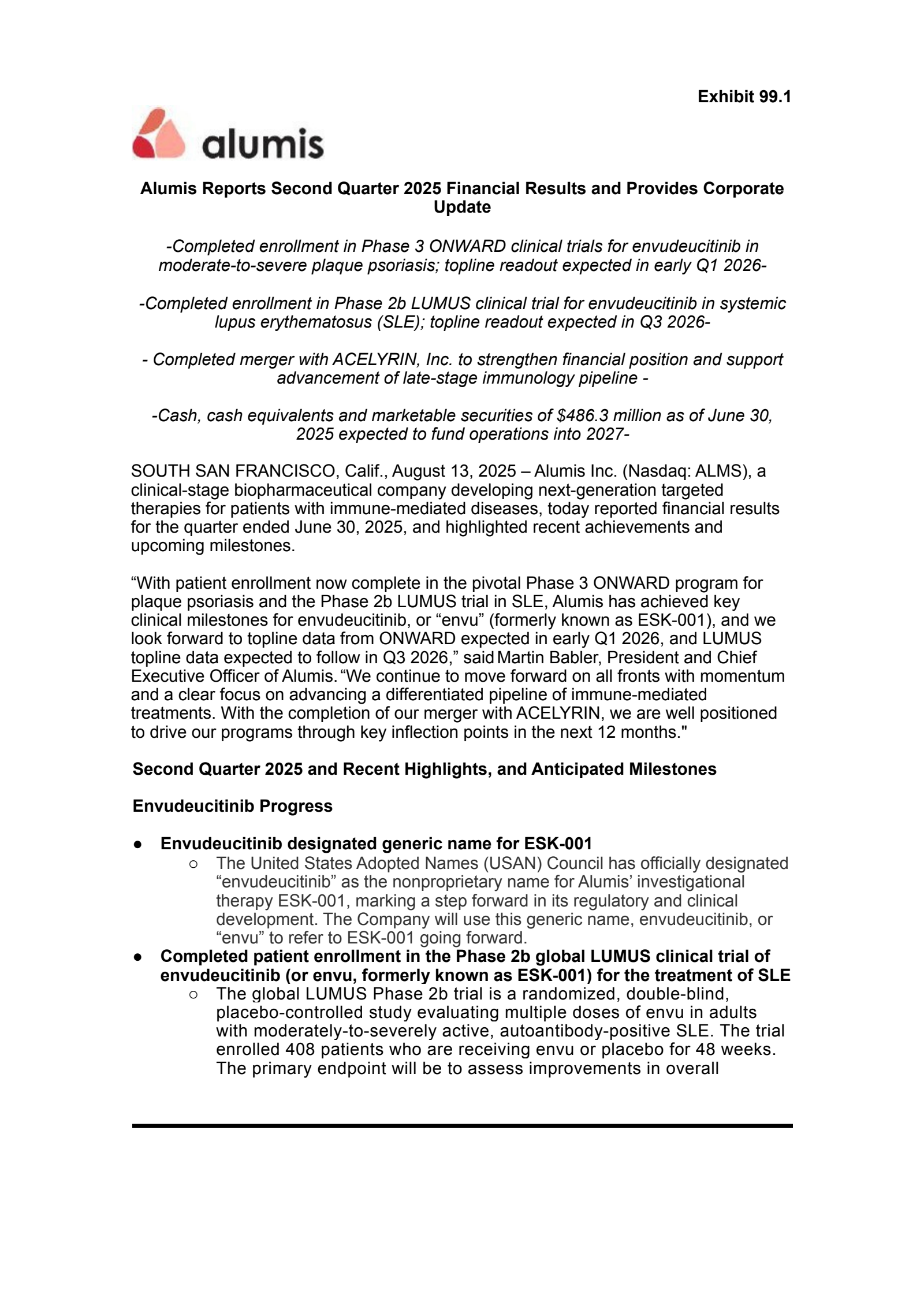 Alumis' Q2 2025 Press Release