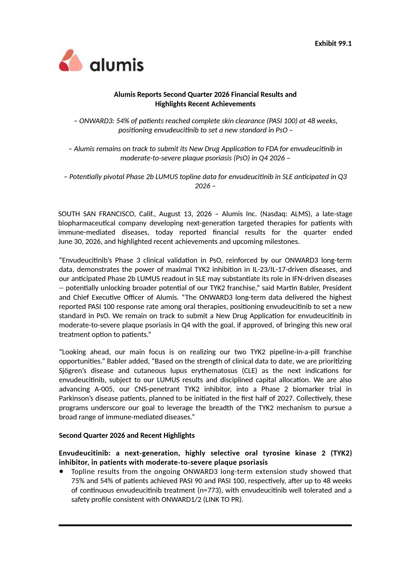Alumis' Q2 2026 Press Release