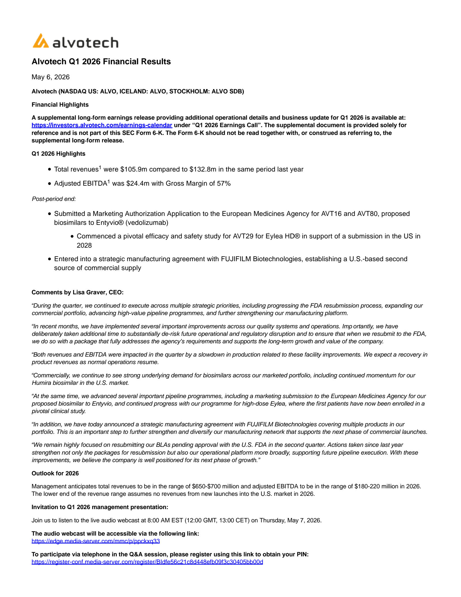 Alvotech's Q1 2026 Press Release