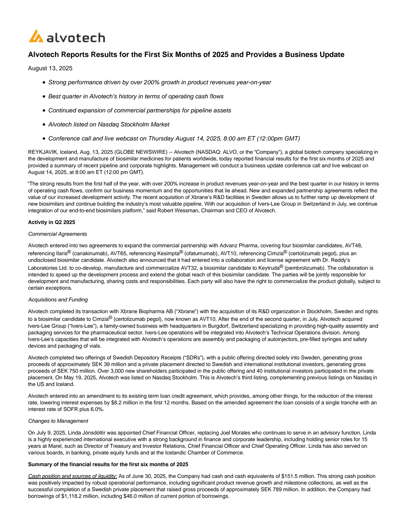Alvotech's Q2 2025 Press Release
