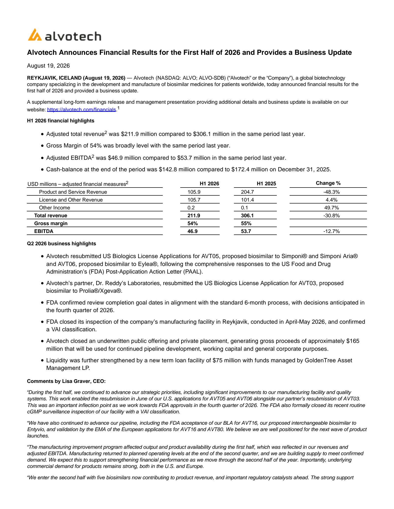 Alvotech's Q2 2026 Press Release