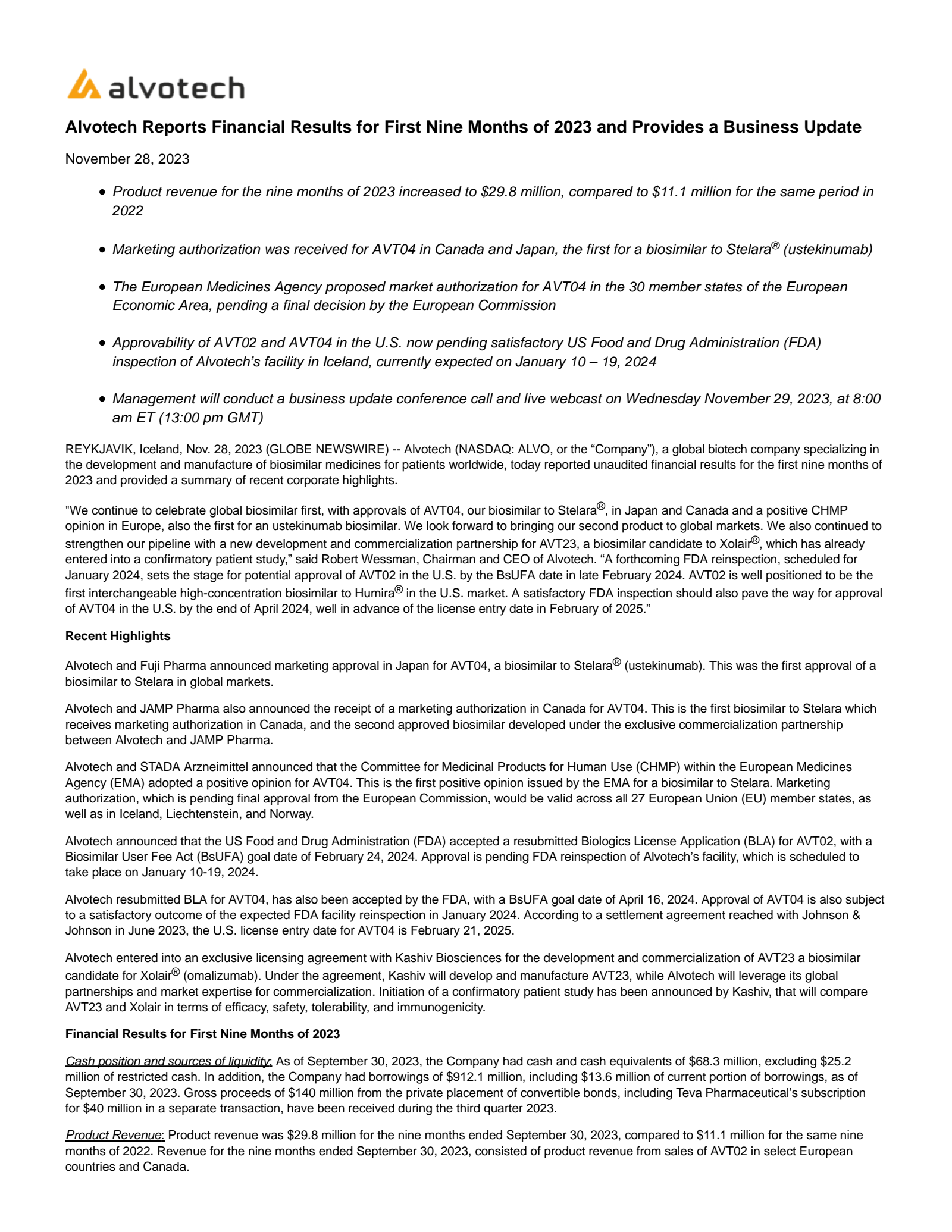 Alvotech's Q3 2023 Press Release