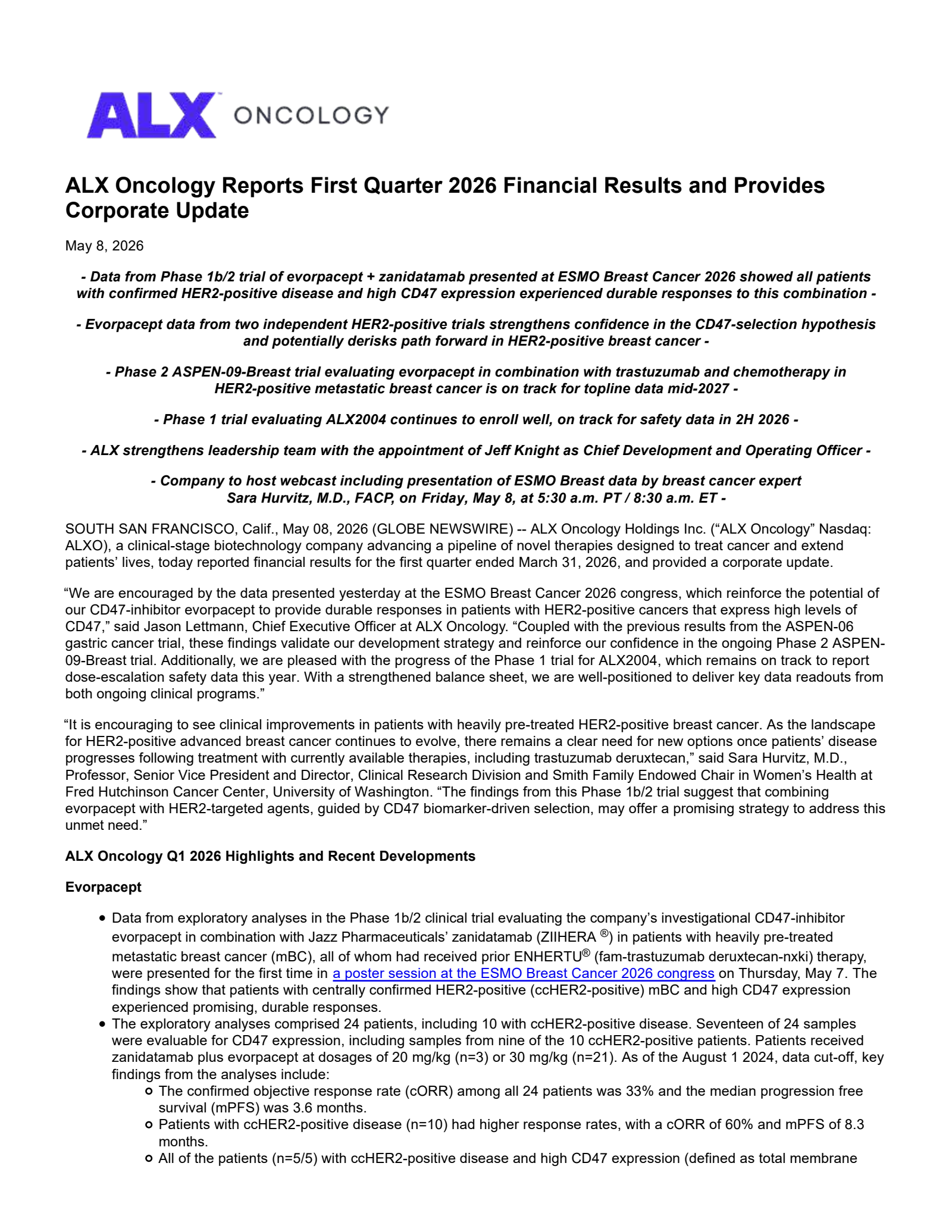 ALX Oncology's Q1 2026 Press Release