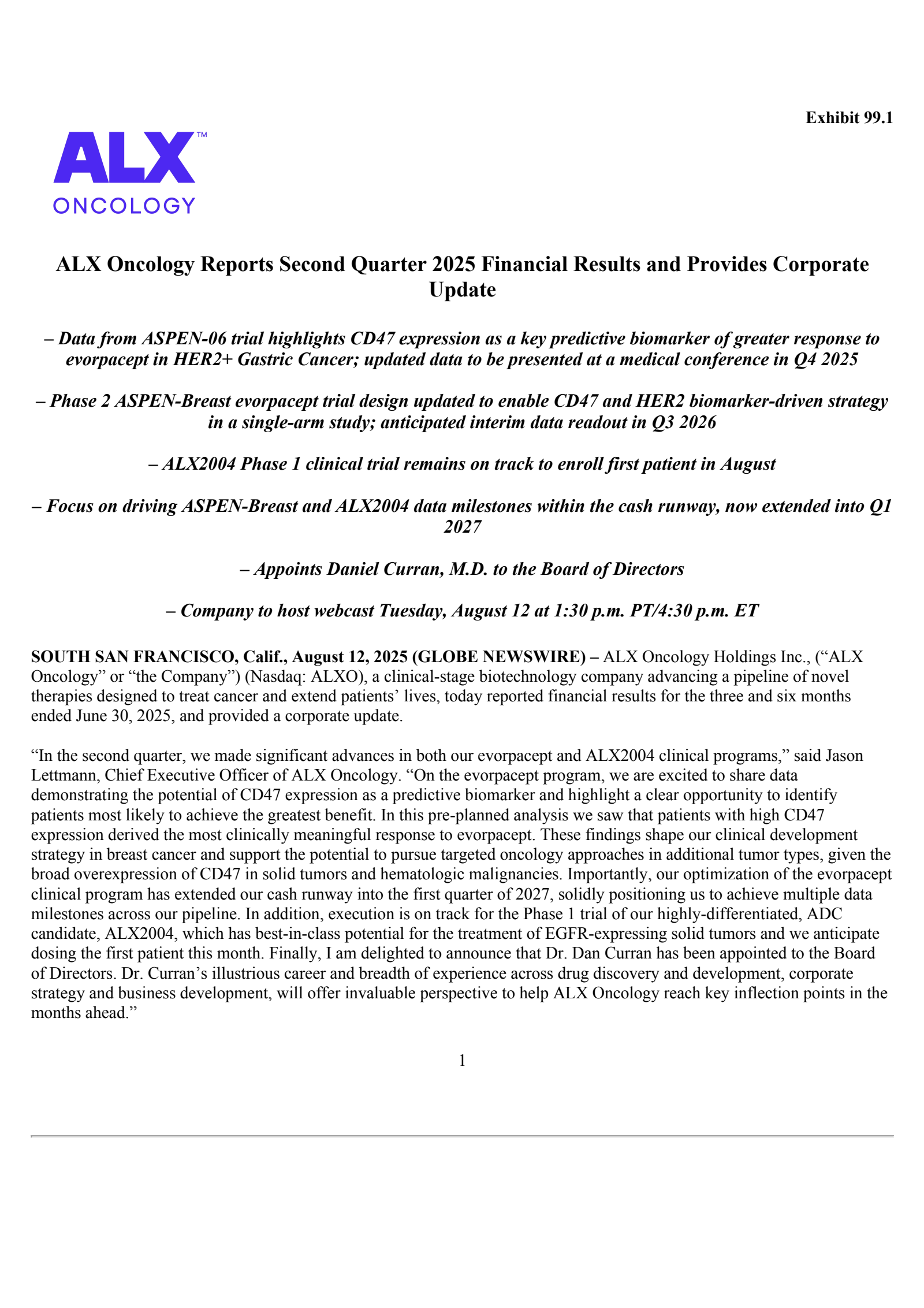 ALX Oncology's Q2 2025 Press Release