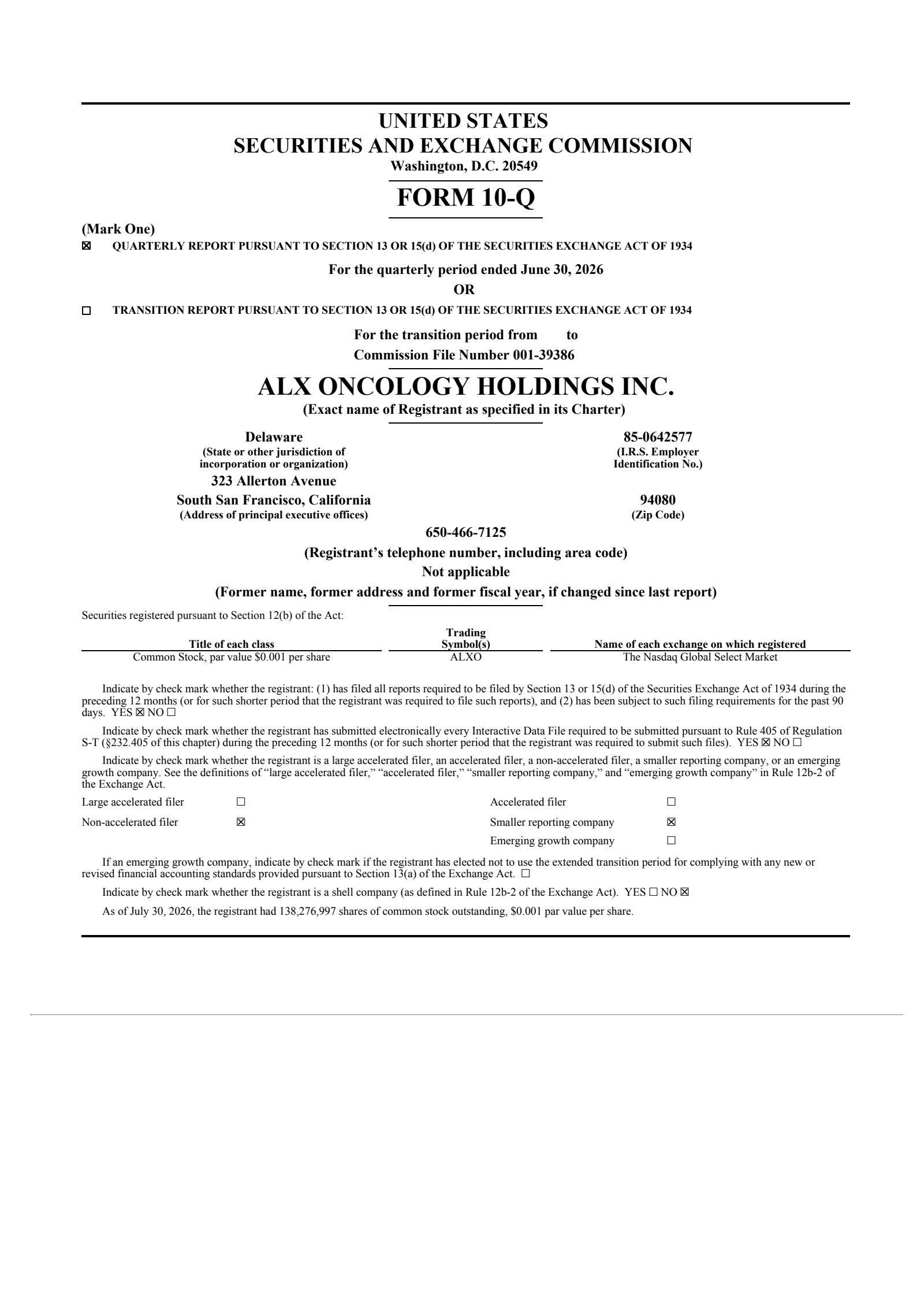 ALX Oncology's Q2 2026 Quarterly report