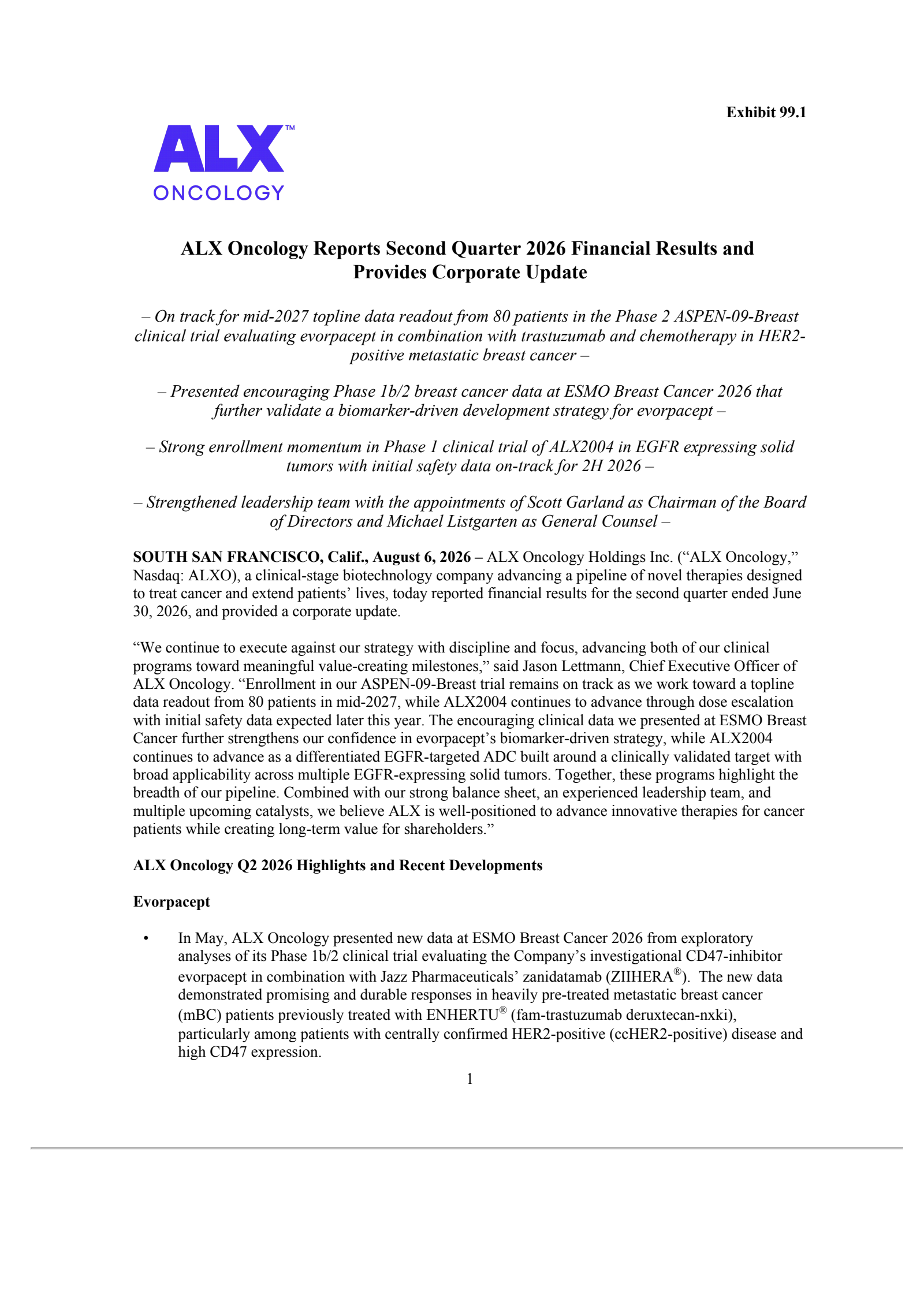 ALX Oncology's Q2 2026 Press Release