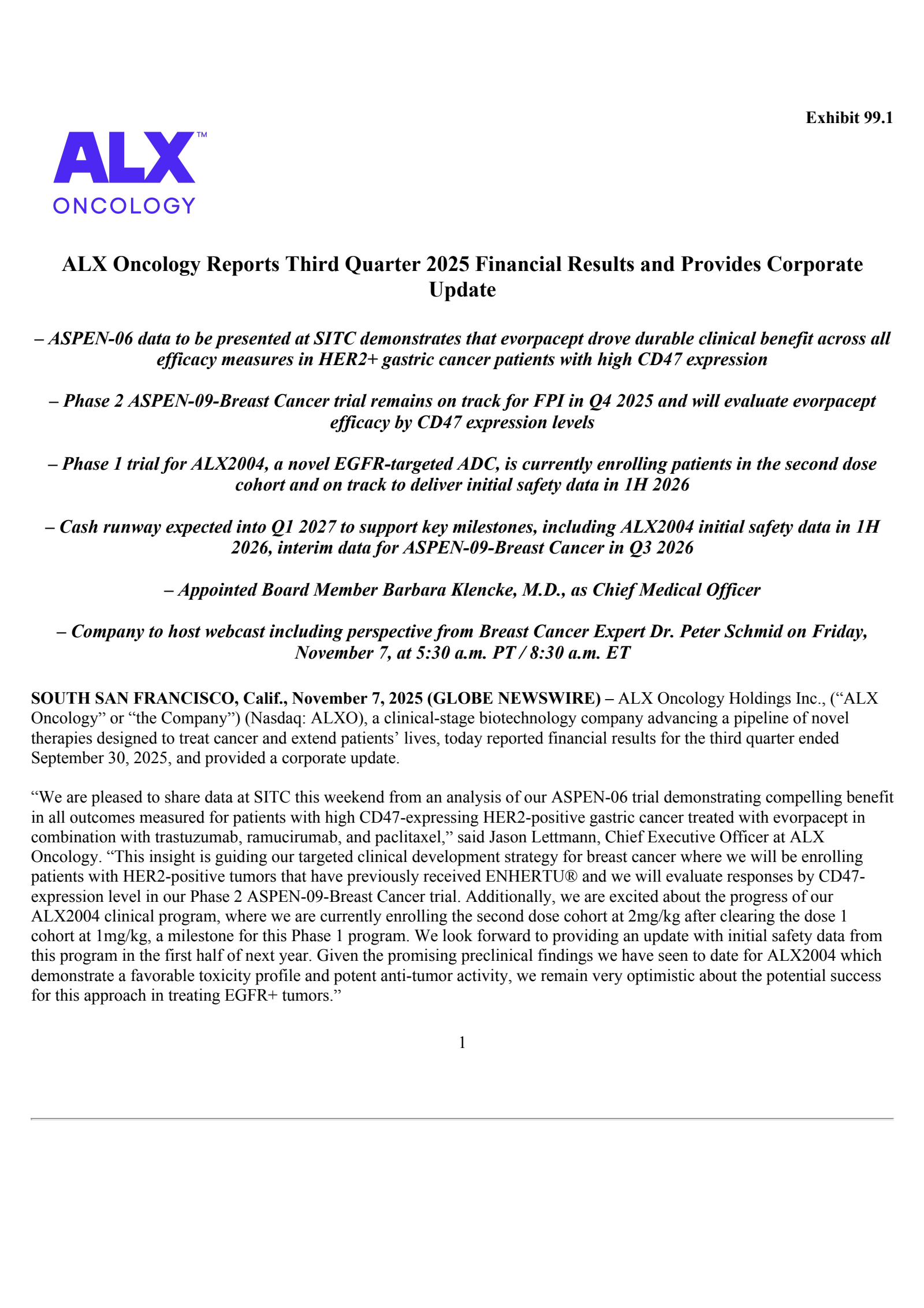 ALX Oncology's Q3 2025 Earnings Release