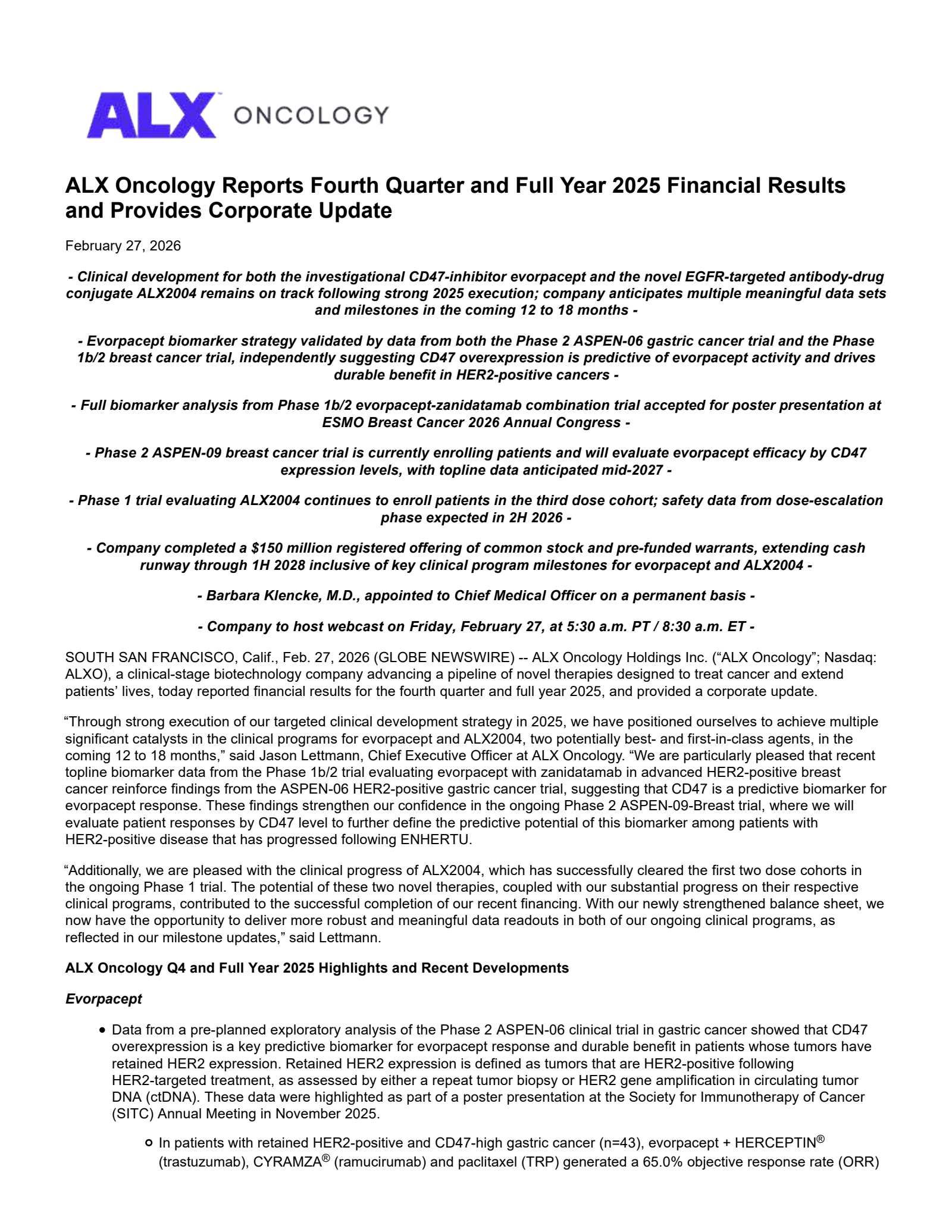 ALX Oncology's Q4 2025 Press Release