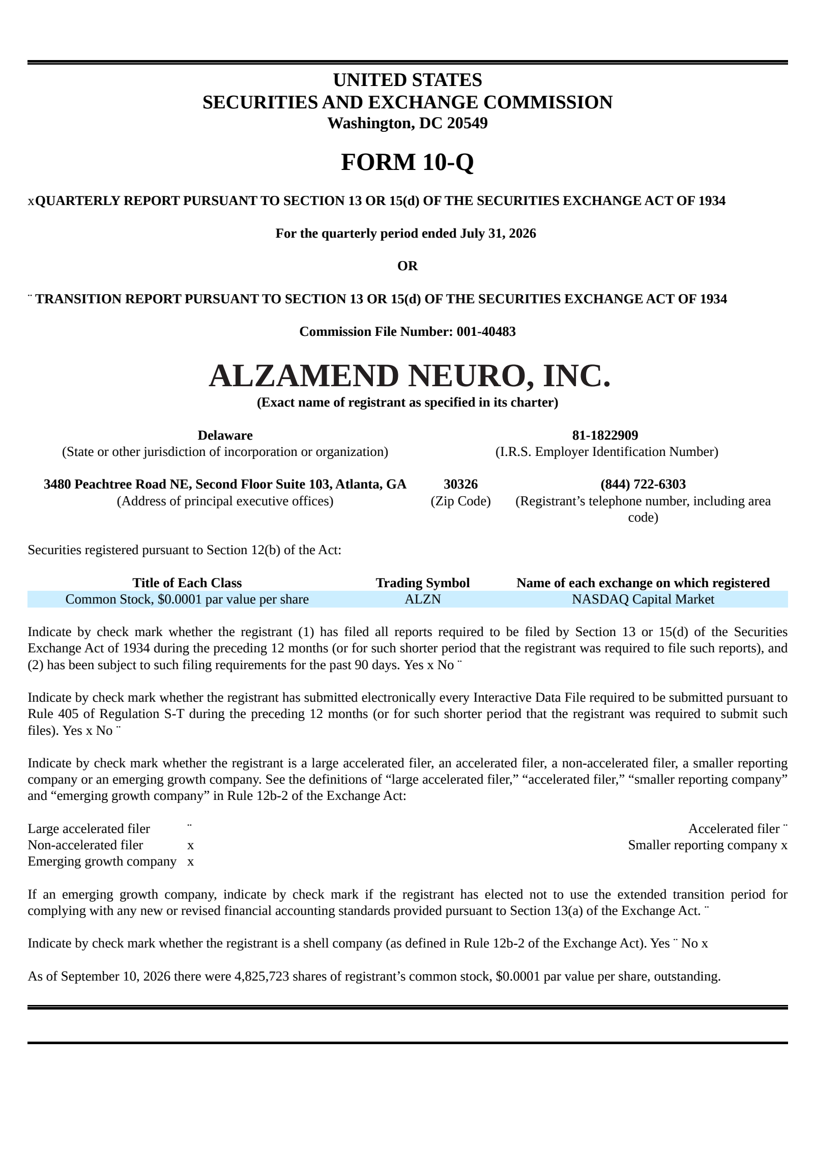 Alzamend Neuro's Q1 2027 Quarterly report