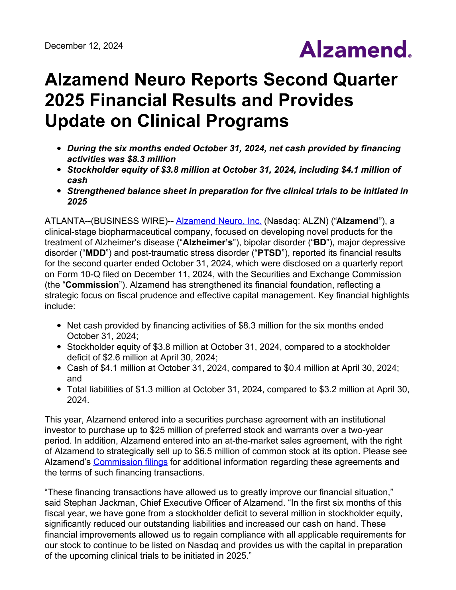 Alzamend Neuro's Q2 2025 Press Release