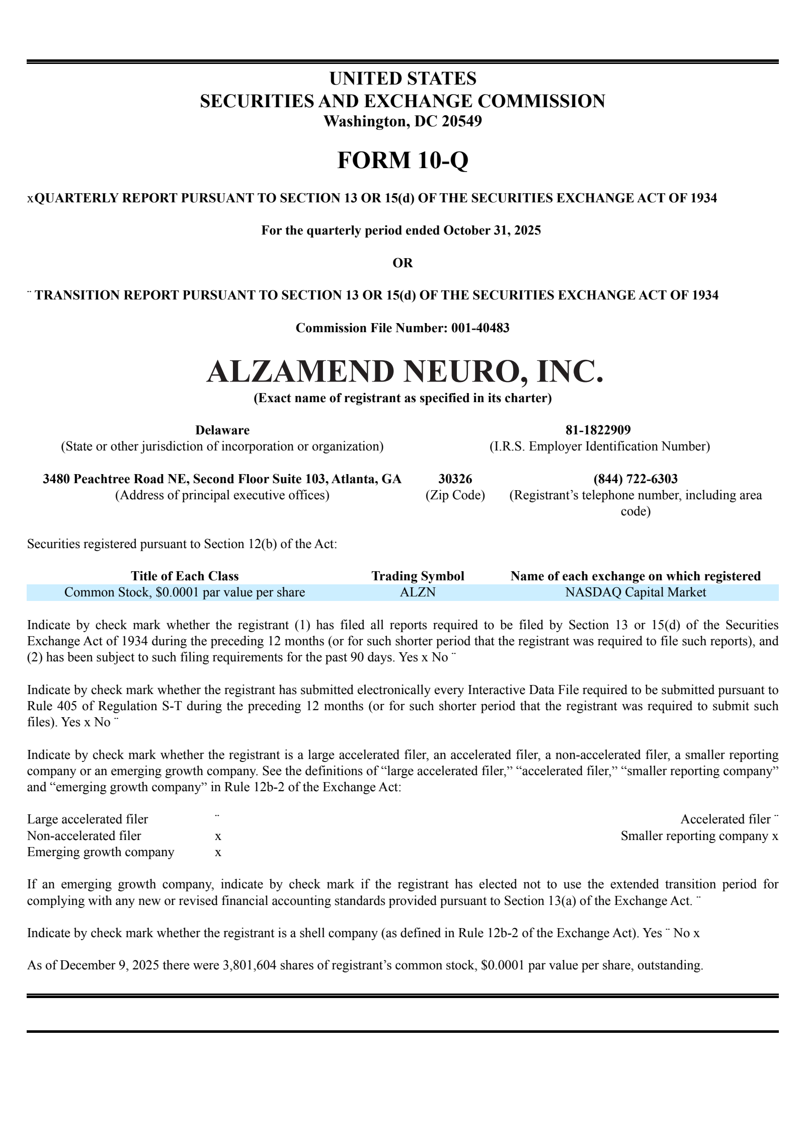 Alzamend Neuro's Q2 2026 Quarterly report
